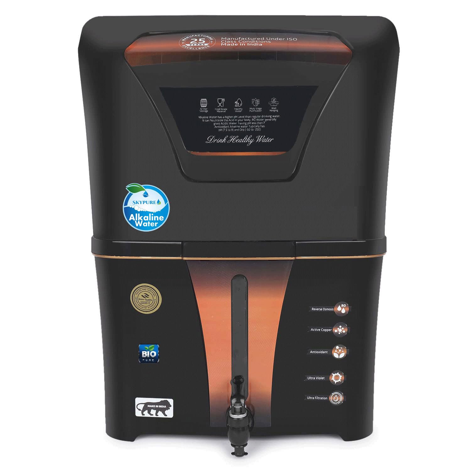 Skypure Ro Water Purifier With Aqua Copper Infuser And Bio Alkaline, 12 Liter Storage Tank, Suitable For All Type Of Water Suppl
