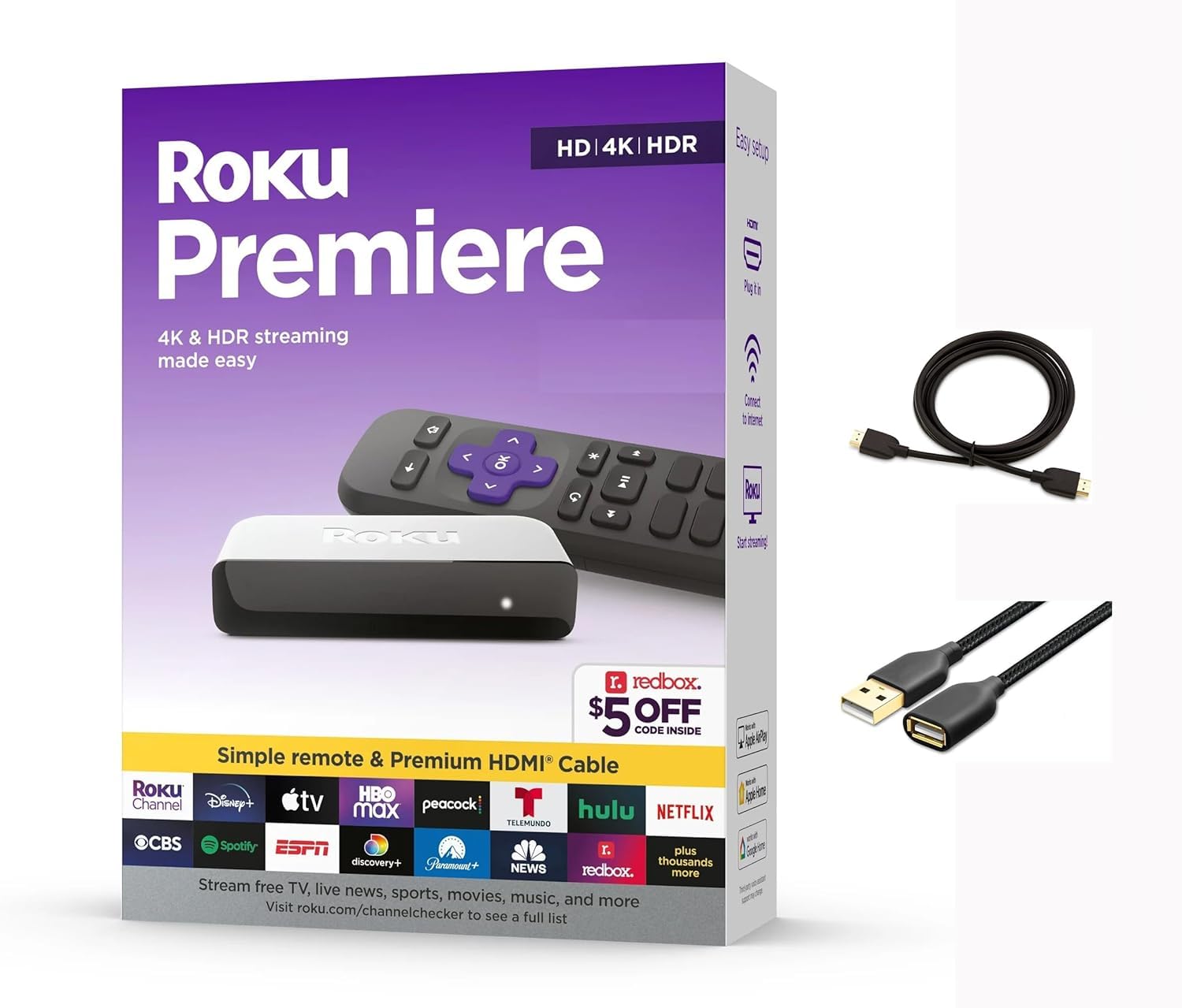 Roku 3920RW-SW Premiere - 4K/HDR Streaming Media Player, Enabled with Premium High Speed HDMI Cable & Simple Remote, Wi-Fi, with