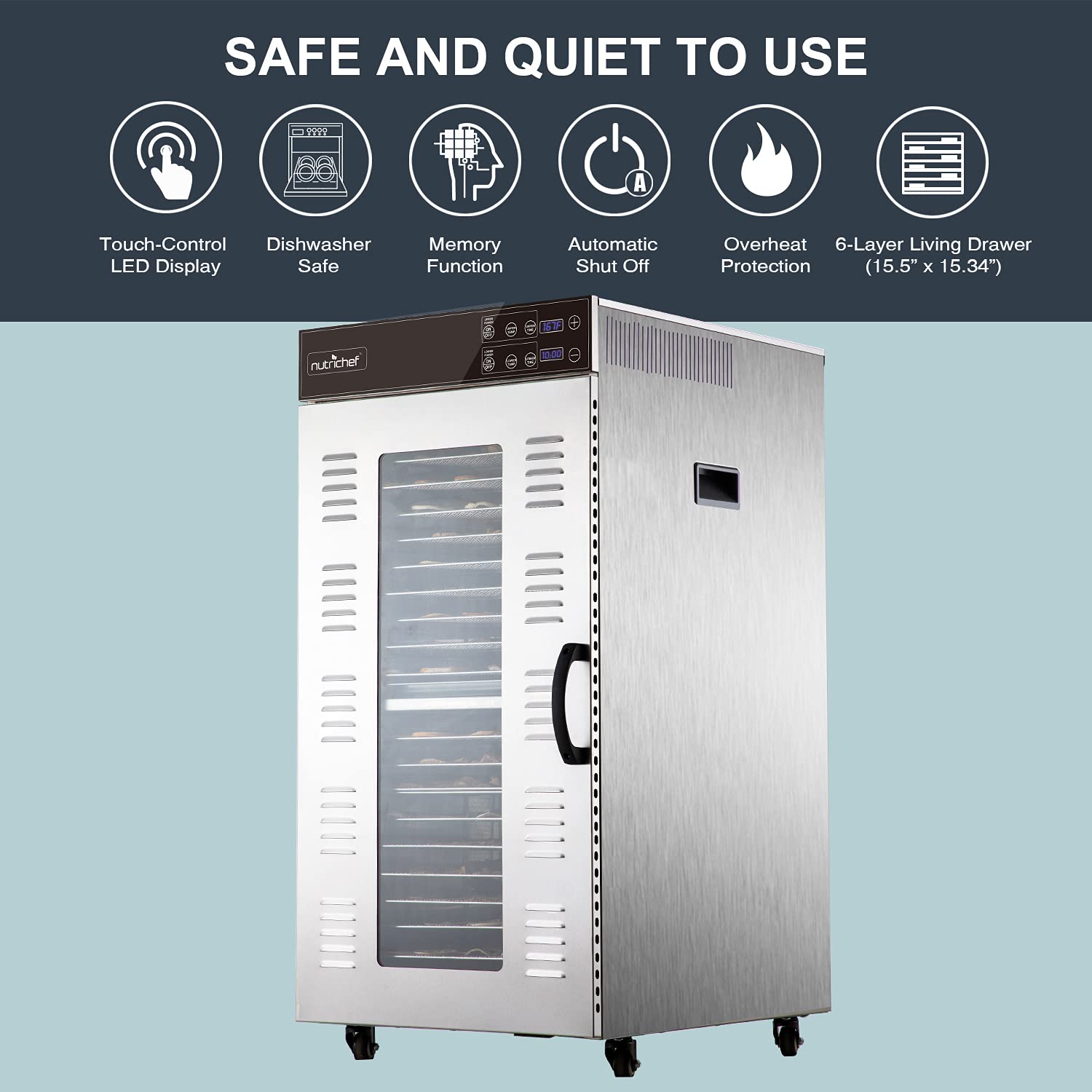 Nutrichef Commercial Electric Food Dehydrator Machine | 20 Shelf Extra Large Capacity - Stainless Steel Trays | 2000-Watts, Digi