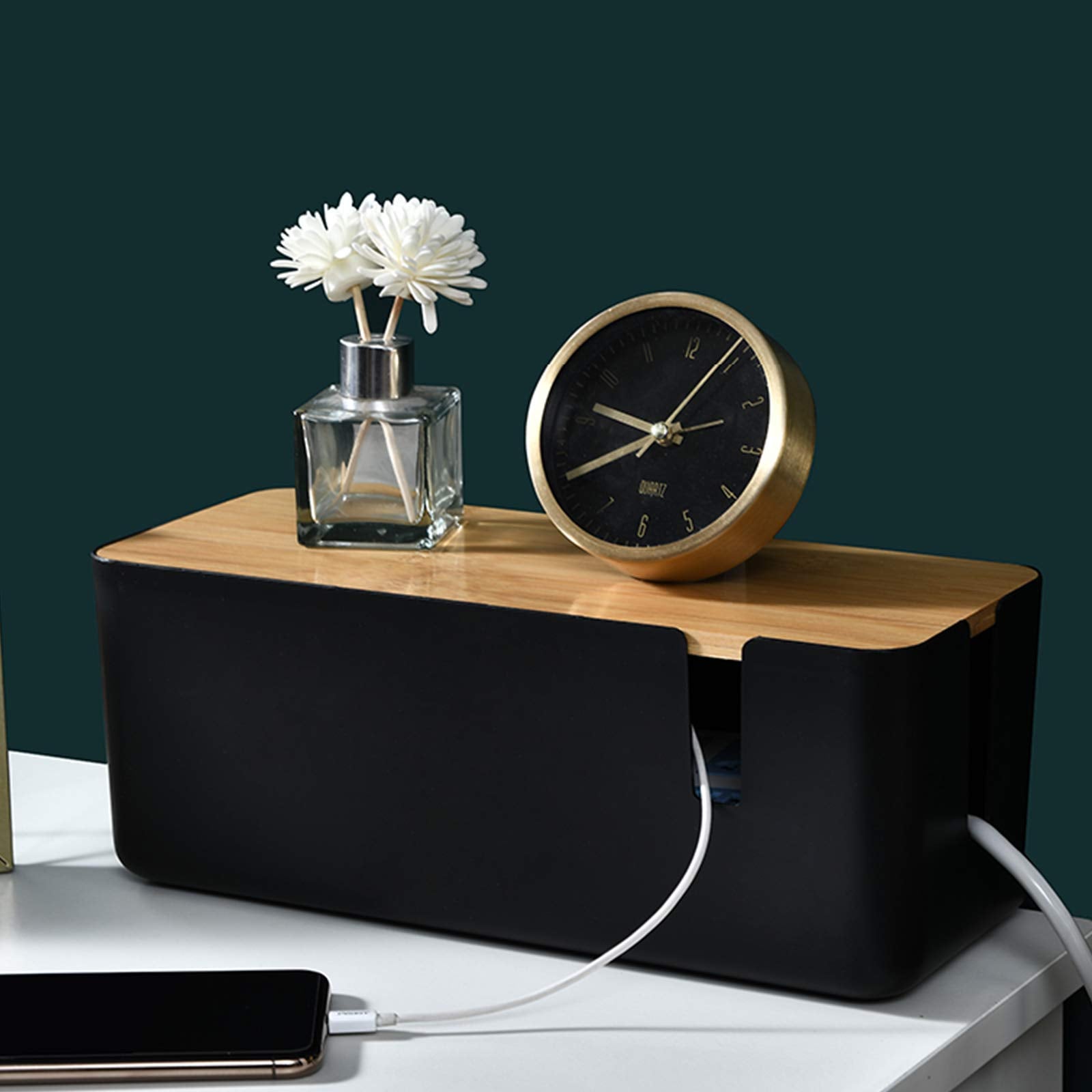 Changsuo Cable Management Box With Bamboo Lid Small Cable Organizer Box For Extension Cord Power Stripe Surge Protector Wire Man