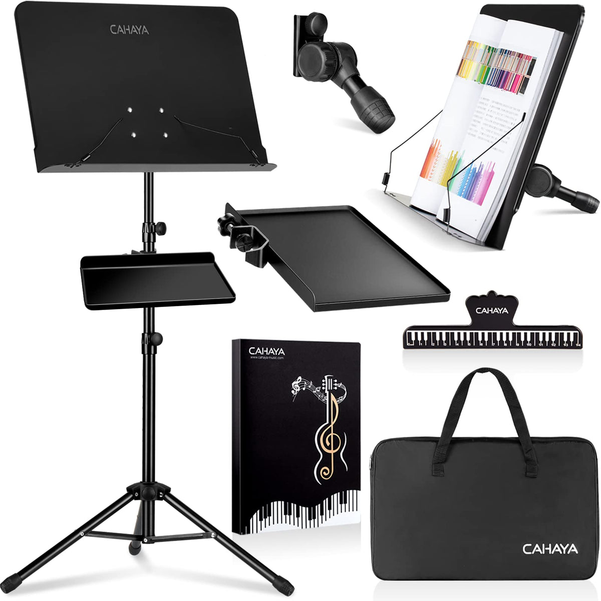Cahaya Dual Use Sheet Music Stand With Clamp-On Tray & Desktop Book Stand With Carrying Bag, Sheet Music Folder, Music Stand Wit