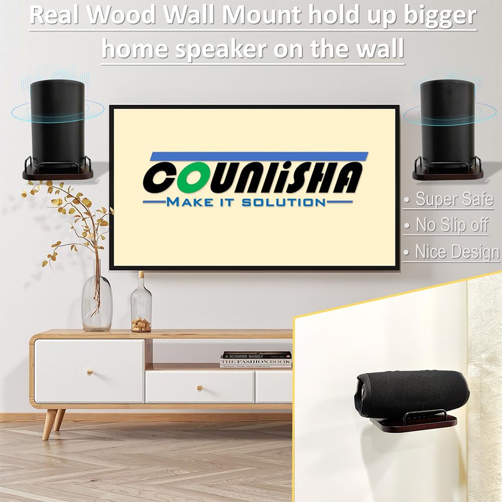 Counlisha Universal Speaker Wall Mount,Secure Adjustable Real Wood Wall Bracket Holder,Small Speakers Shelves For Bose,Homepod,Jbl,Sonos,Sony,Kef,Google,Roku (Walnut,2 Pack)