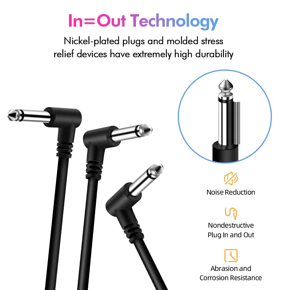 Sovvid 6 Pack 3 Inch Guitar Patch Cables, Black Guitar Pedal Cable Effect Cable Cord, 1/4'' Inch Ts Right Angle Guitar Patch Cab