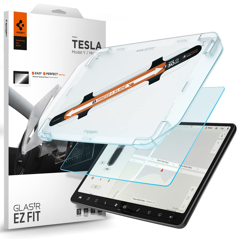 Spigen Tempered Glass Screen Protector [Glastr Ez Fit] Designed For Tesla Model 3 (2023-2017), Tesla Model Y (2025-2020) 15 Inch Dashboard Touchscreen - Matte/Anti Fingerprint