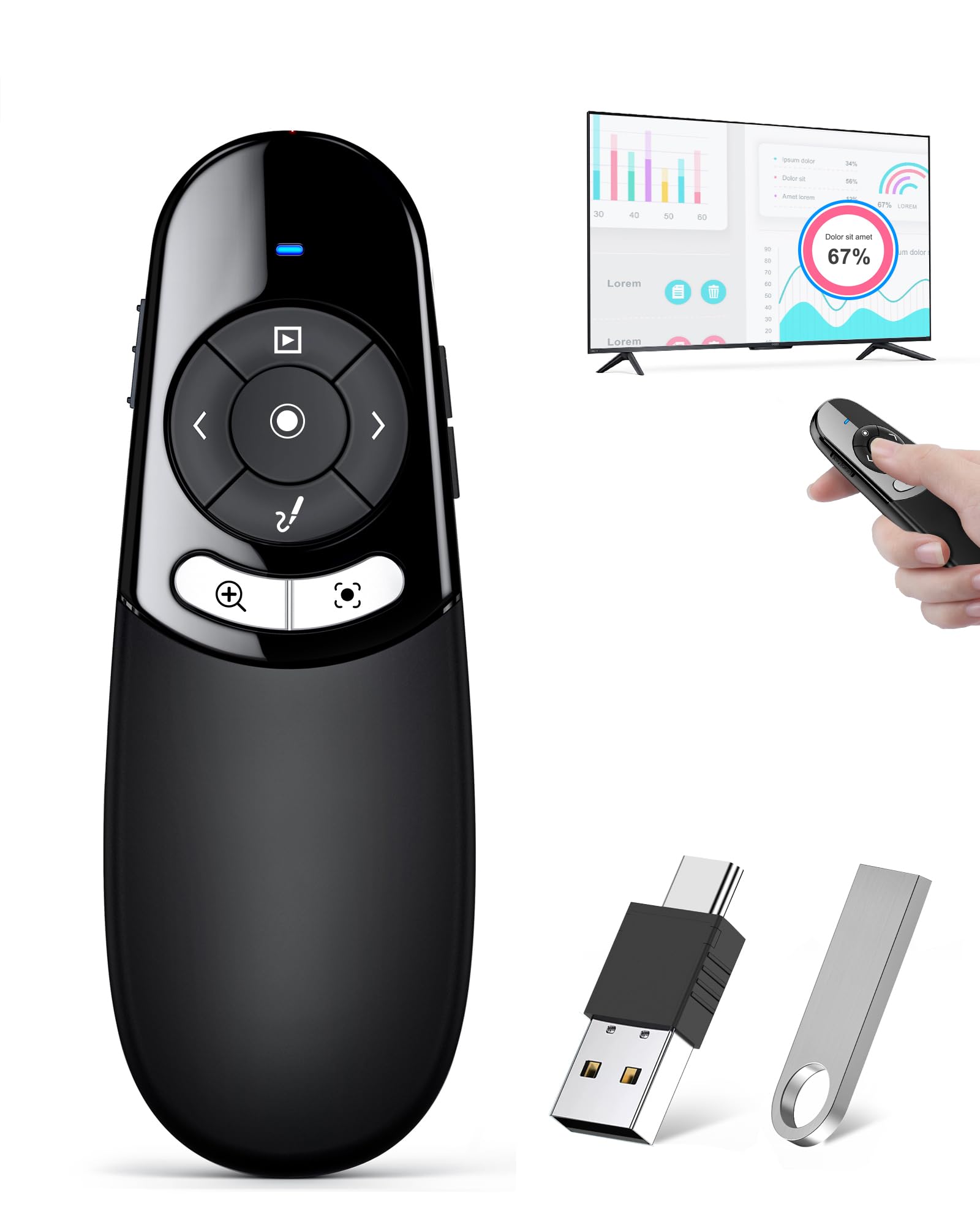 Presentation Clicker for TV LED LCD Screen Digital Presentation Clicker w Magnifier Highlight,2 in 1 Type C Presenter Remote Poi