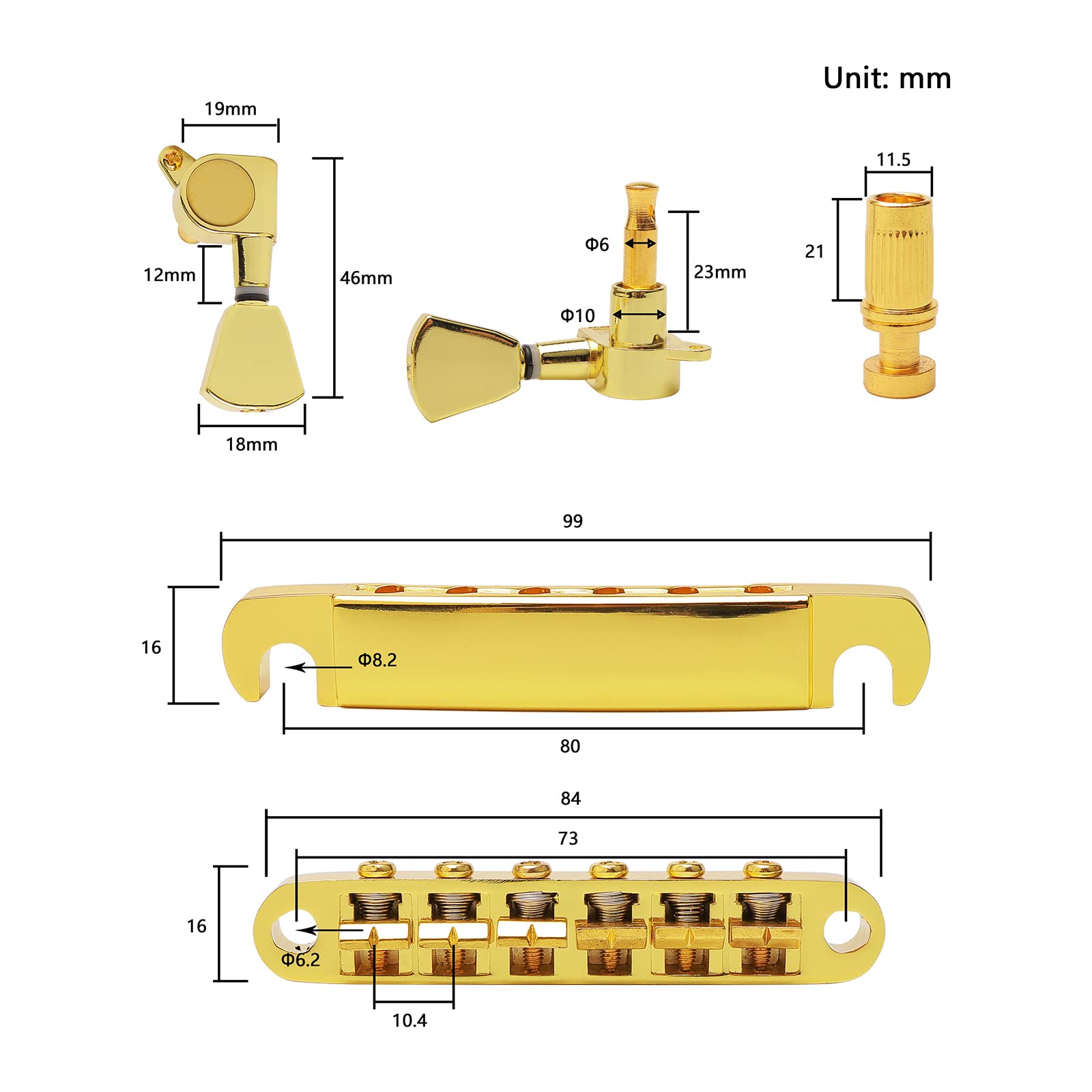Unxuey Combo Kits Gold 6 String Guitar Saddle Bridge Tune O Matic Tailpiece And 3L3R Sealed Gear Tuning Pegs Keys Machine Head F
