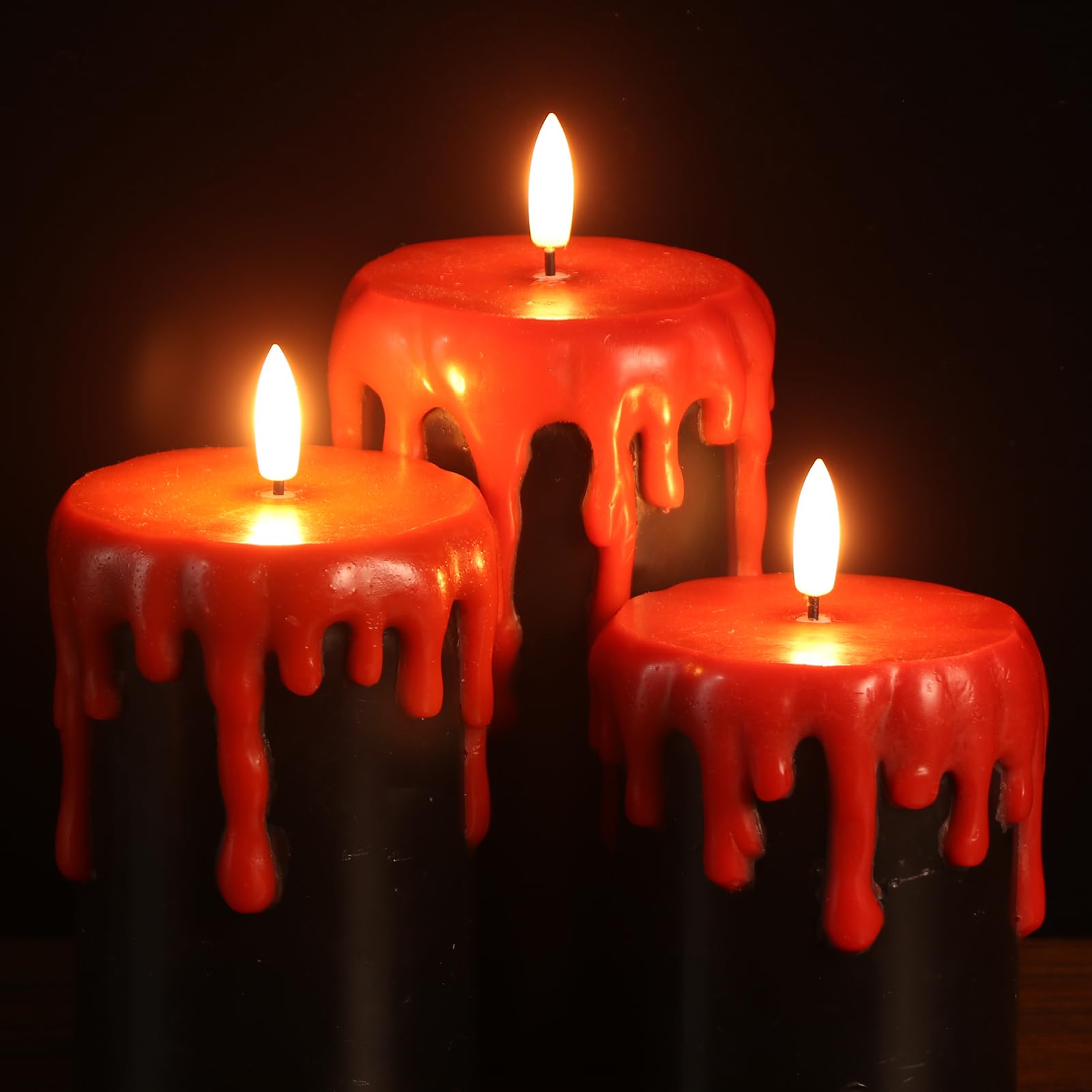 Lasumora Halloween Black Flameless Pillar Candles Flickering With 6H Timer, Battery Operated Led Pillar Candle, 3 Pcs Drip Wax S