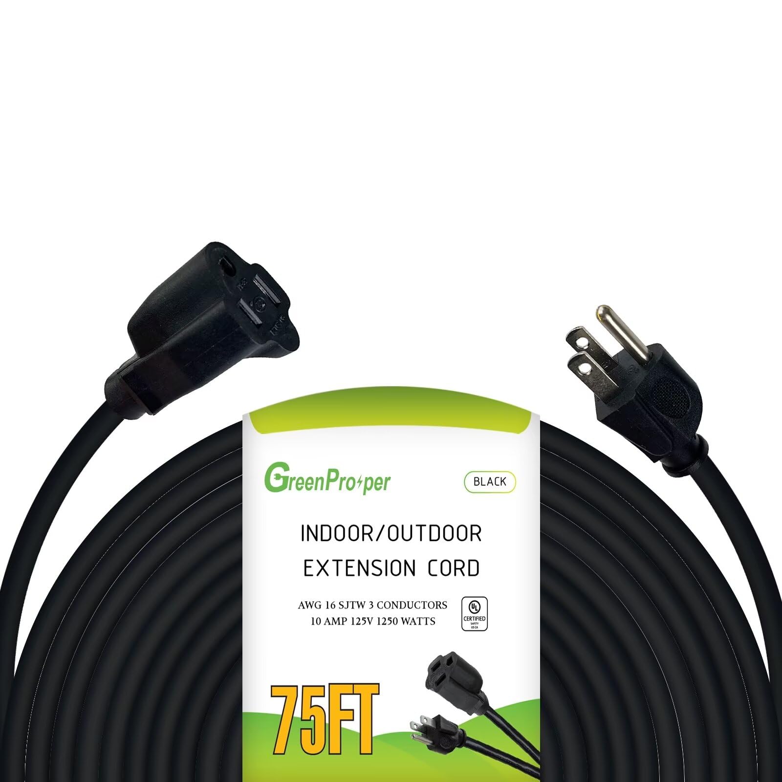 Greenprosper 75 Ft Indoor Outdoor Black Extension Cord, 16 Gauge Waterproof Electrical Power Cable, 16/3 Sjtw 3 Prong Grounded P