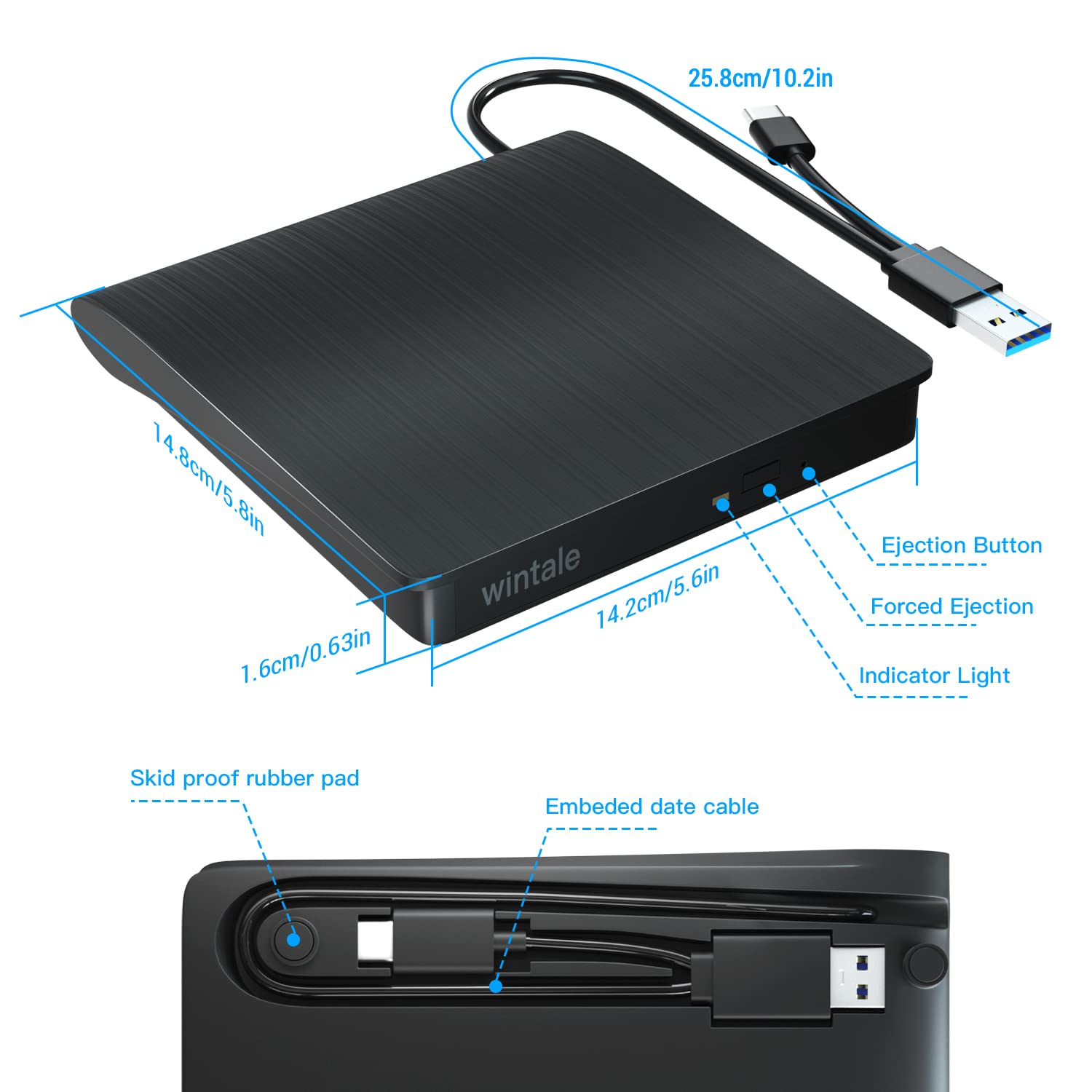 Wintale External Bluray Dvd Drive,Portable 3D Blu Ray External Dvd Drive With Usb 3.0 And Type C Dual Port, External Blu Ray Pla