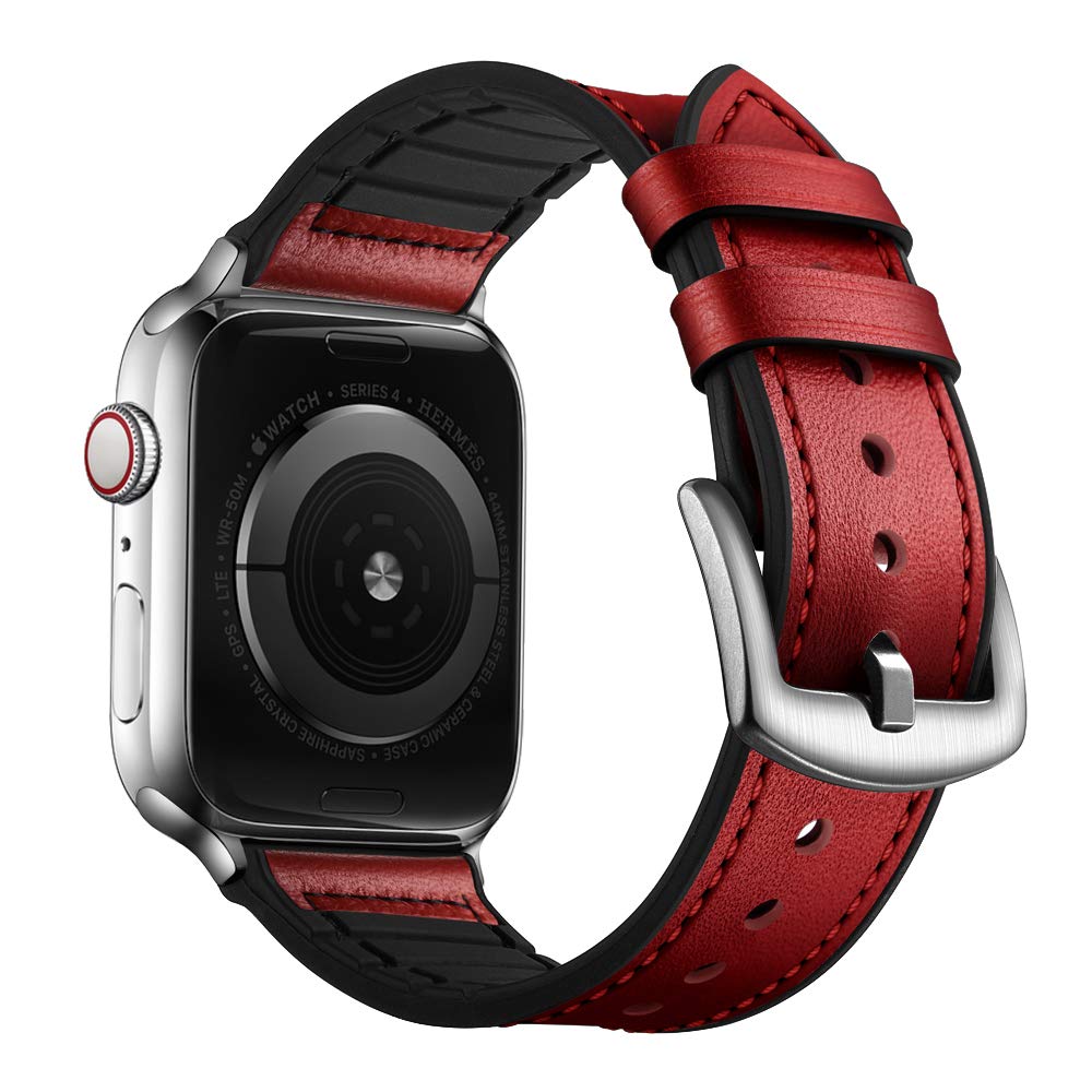 Ouheng Compatible With Apple Watch Band 49Mm/46Mm/45Mm/44Mm/42Mm, Sweatproof Genuine Leather And Rubber Hybrid Band For Iwatch U