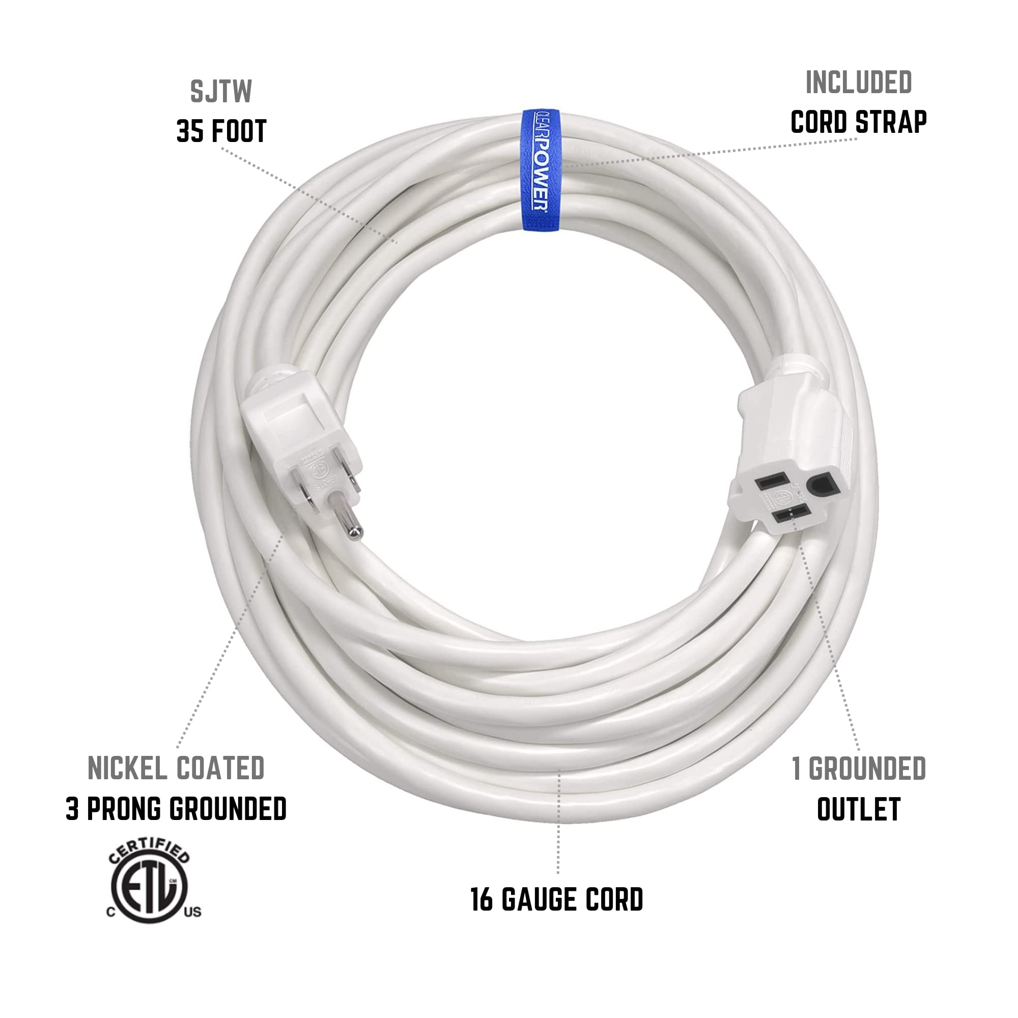 Clear Power 35 Ft Indoor/Outdoor Extension Cord 16/3 Sjtw, White, Water & Weather Resistant, Flame Retardant, 3 Prong Grounded Plug, Cp10207