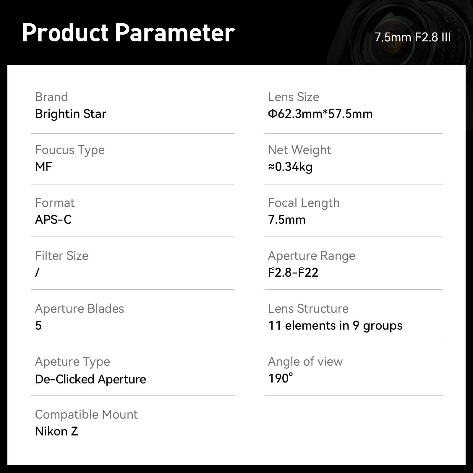 Brightin Star Aps C Lens (7.5Mm F2.8 Black, Fit For Nikon Z Mount)