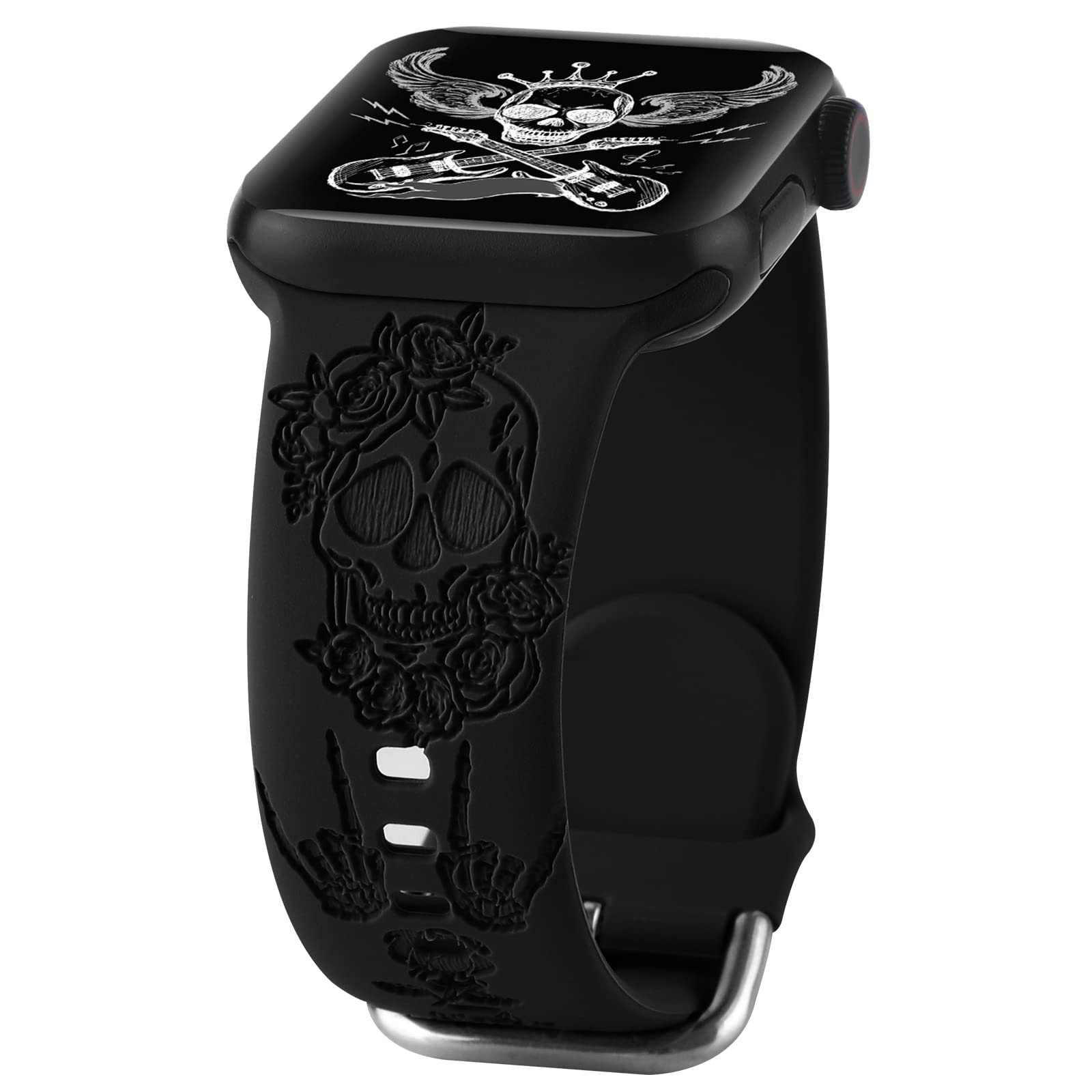 Halloween Floral Engraved Silicone Band Compatible With Apple Watch 38Mm 40Mm 41Mm For Women Men,Skull Pattern Laser Printed Sof