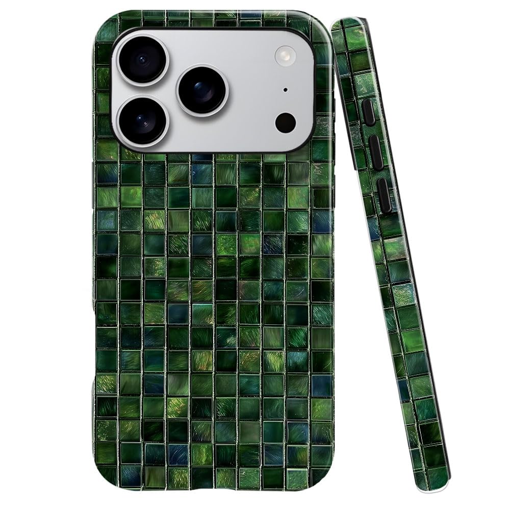 DJSOK Compatible with iPhone 17 Pro,Glossy PC Anti-Scratch Shockproof Case - Aesthetic Toned Tiles Green Glass