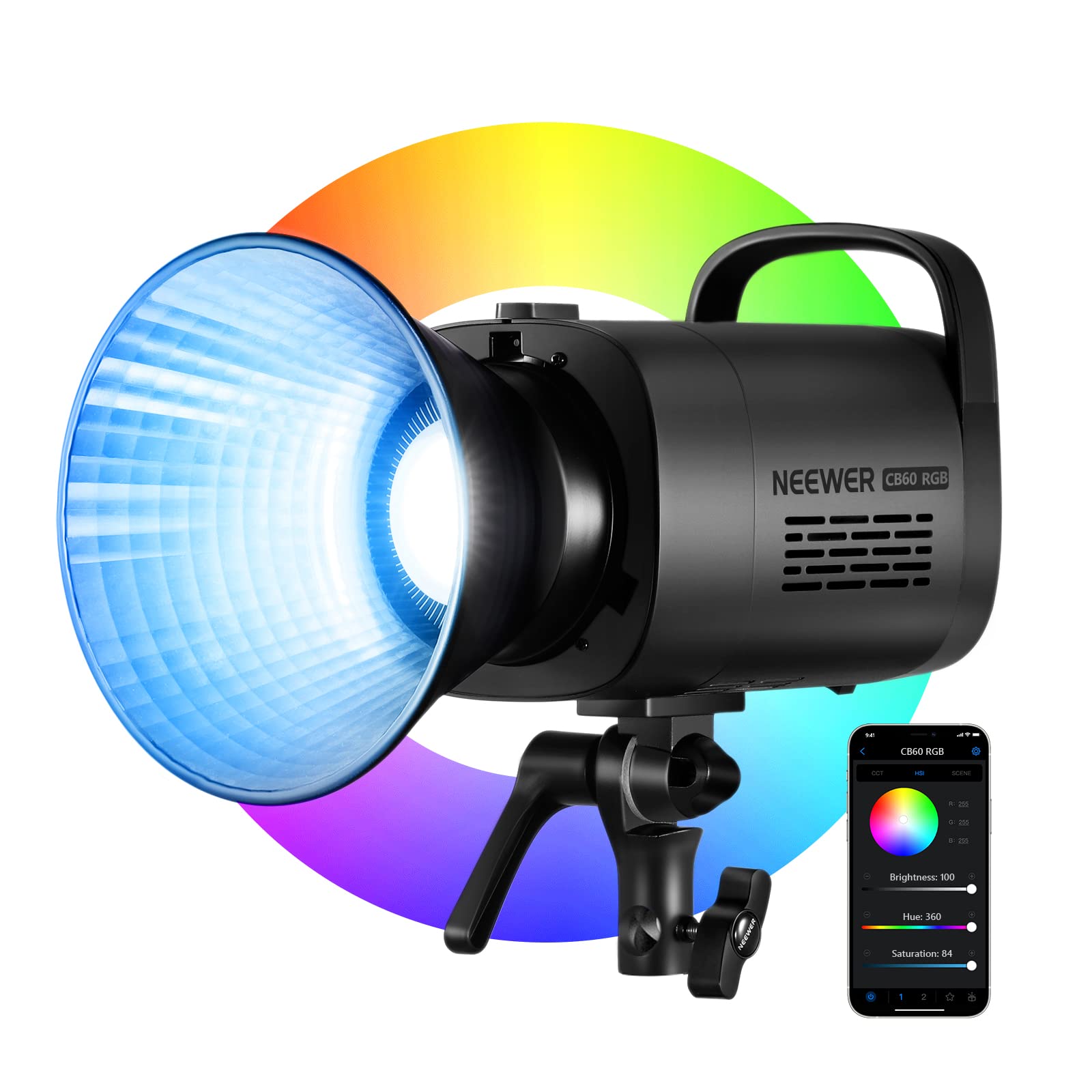 Neewer Cb60 Rgb 70W Led Video Light With App Control, Bowens Mount Cob Full Color Continuous Output Lighting 18000Lux/1M Cct 270