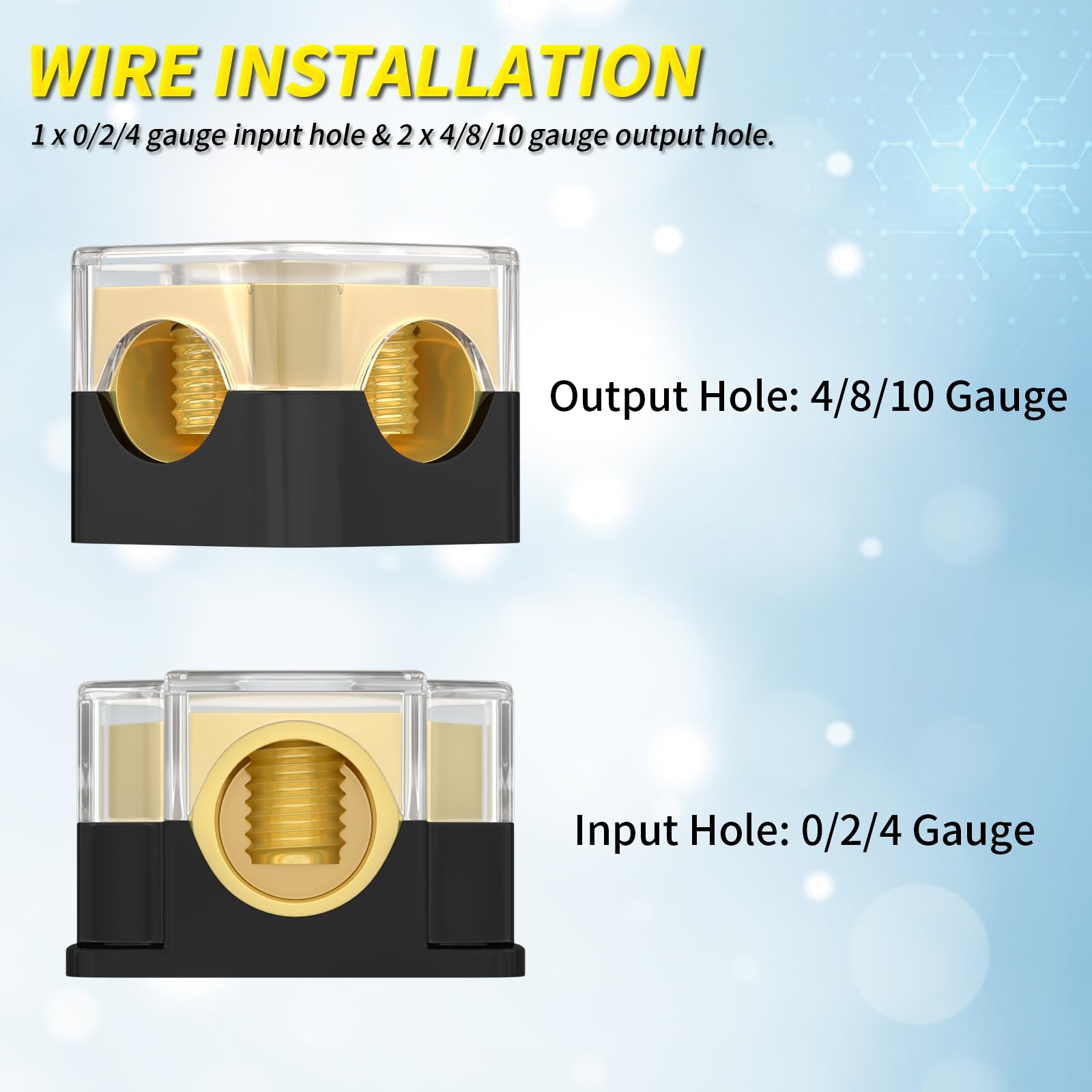 Joinfworld 12V Power Distribution Block Car Audio 2 Way Ground Distribution Block 0/2/4 Gauge In 4/8/10 Gauge Out 12 Volt Amp Distribution Block Splitter For Marine Automotive Car Boat