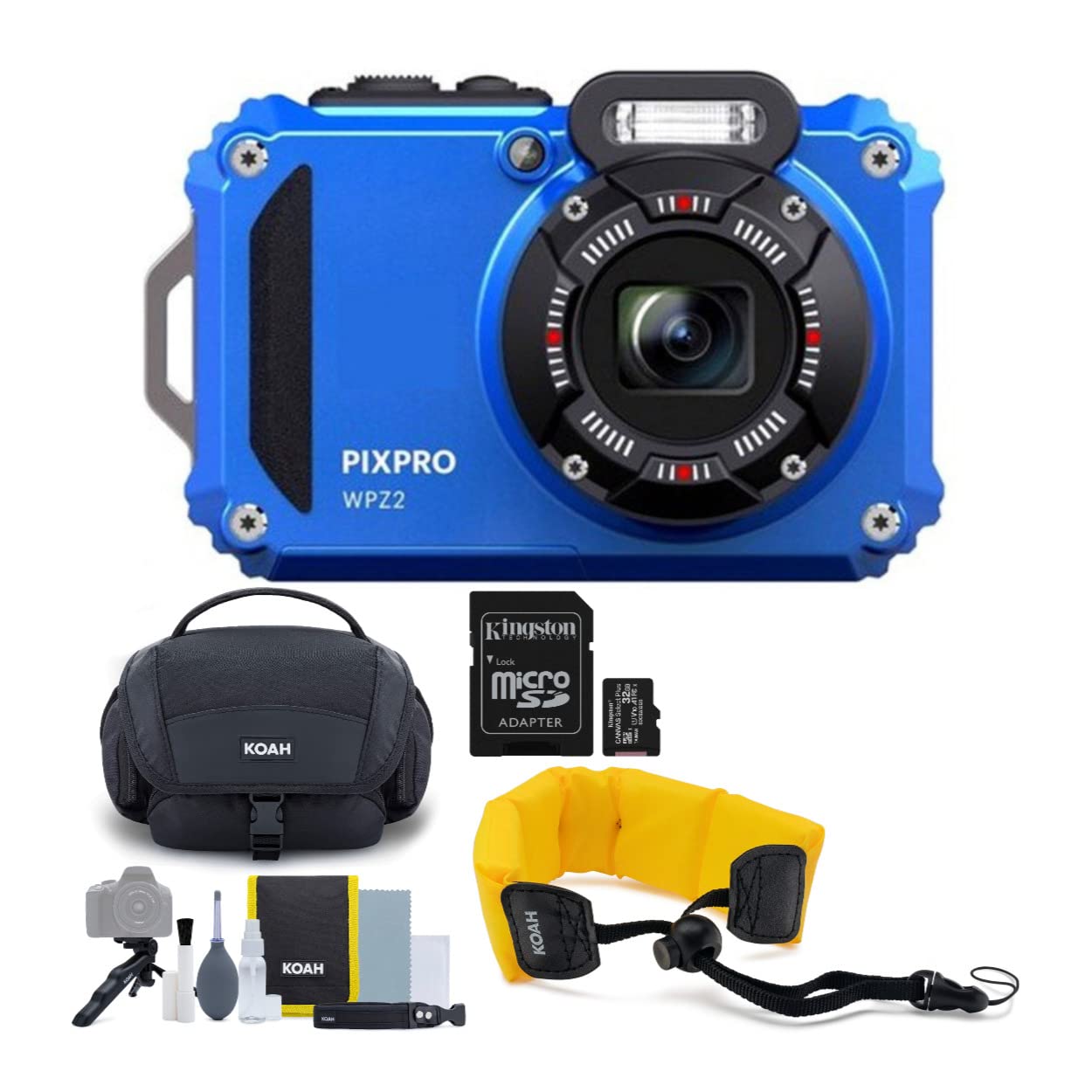 Kodak PIXPRO WPZ2 Rugged Waterproof 16MP Digital Camera with 4x Optical Zoom (Blue) Bundle with Koah Nostrand Gadget Bag, Floati