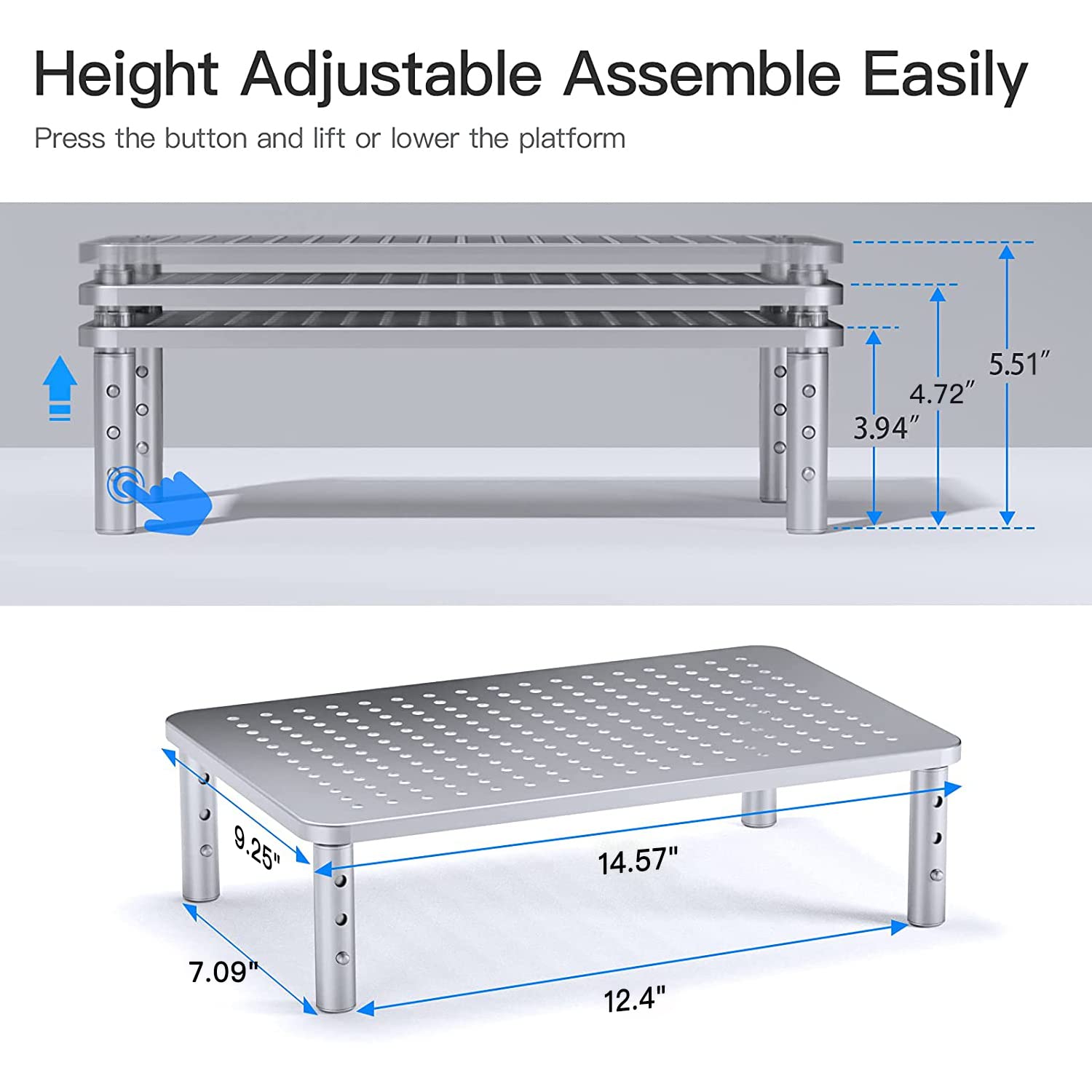 Huanuo Monitor Riser   3 Height Adjustable Stand For Laptop, Computer, Imac, Pc, Printer, Desktop Ergonomic Metal Monitor Riser With Mesh Platform
