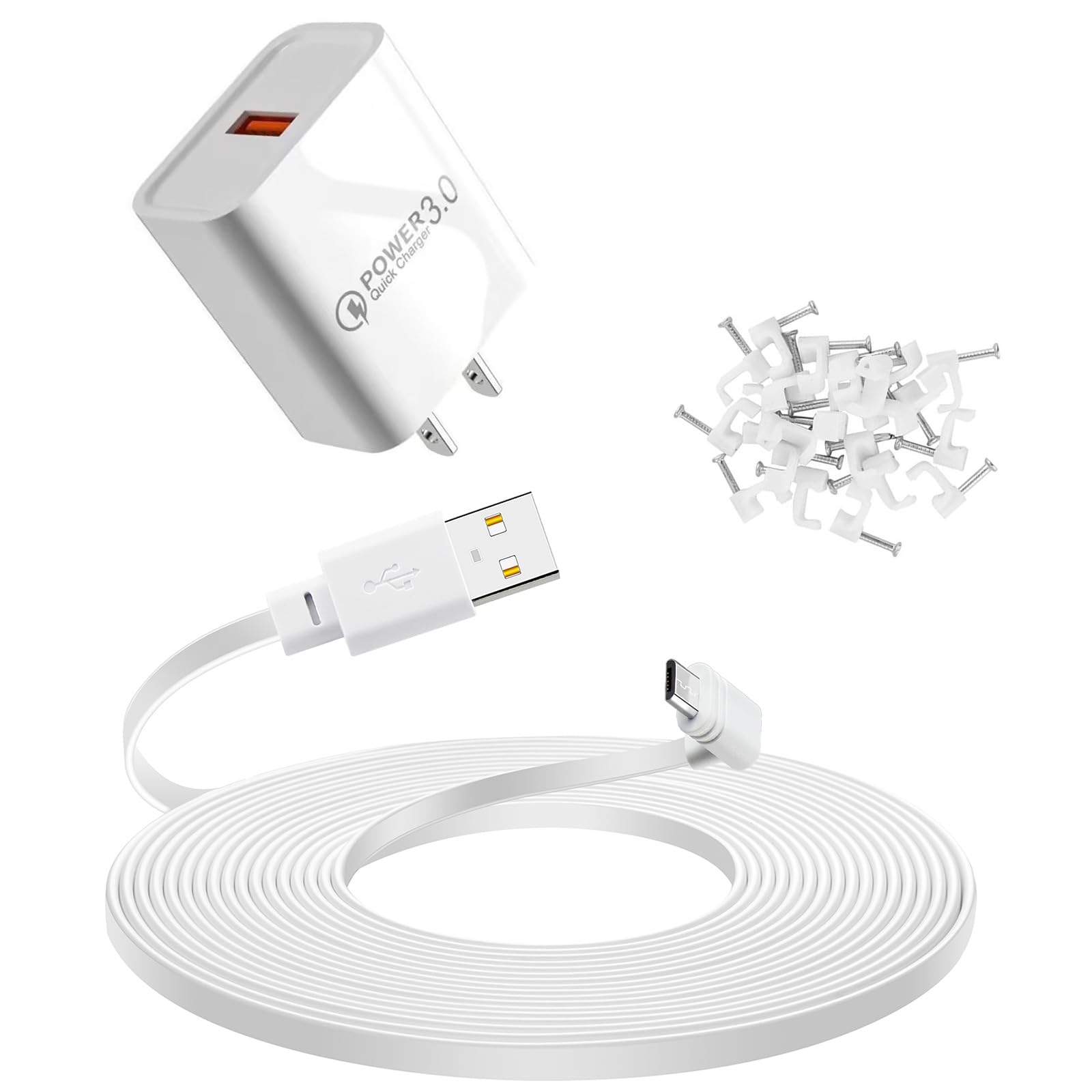 Yeaoi 30 Ft Usb Extension Cable With Power Adapter For Wyze Cam Pan V3 Outdoor Camera, Micro Usb 90 Degree Charging Cord, White