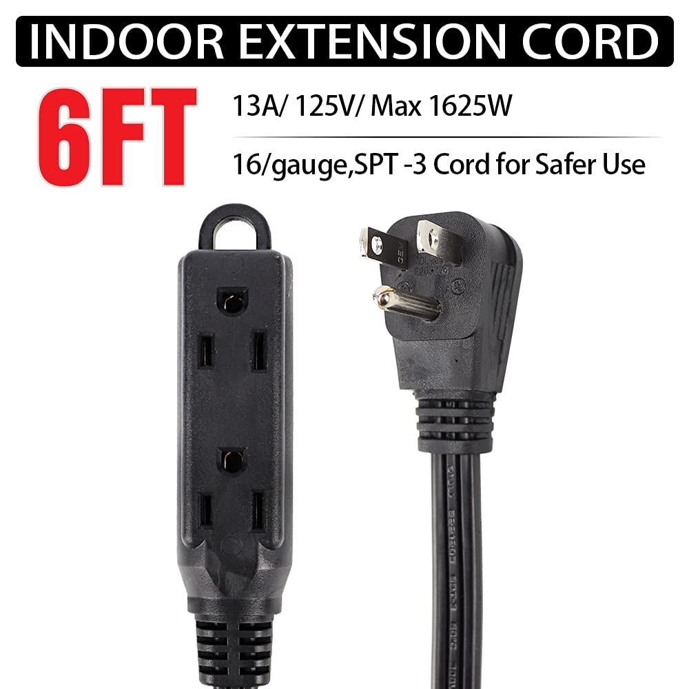 Ep 6 Ft 3 Outlet Extension Cord With Flat Plug, 3 Prong Grounded, 16/3 Spt 3 Power Cable For Indoor Use, Black, 2 Pack