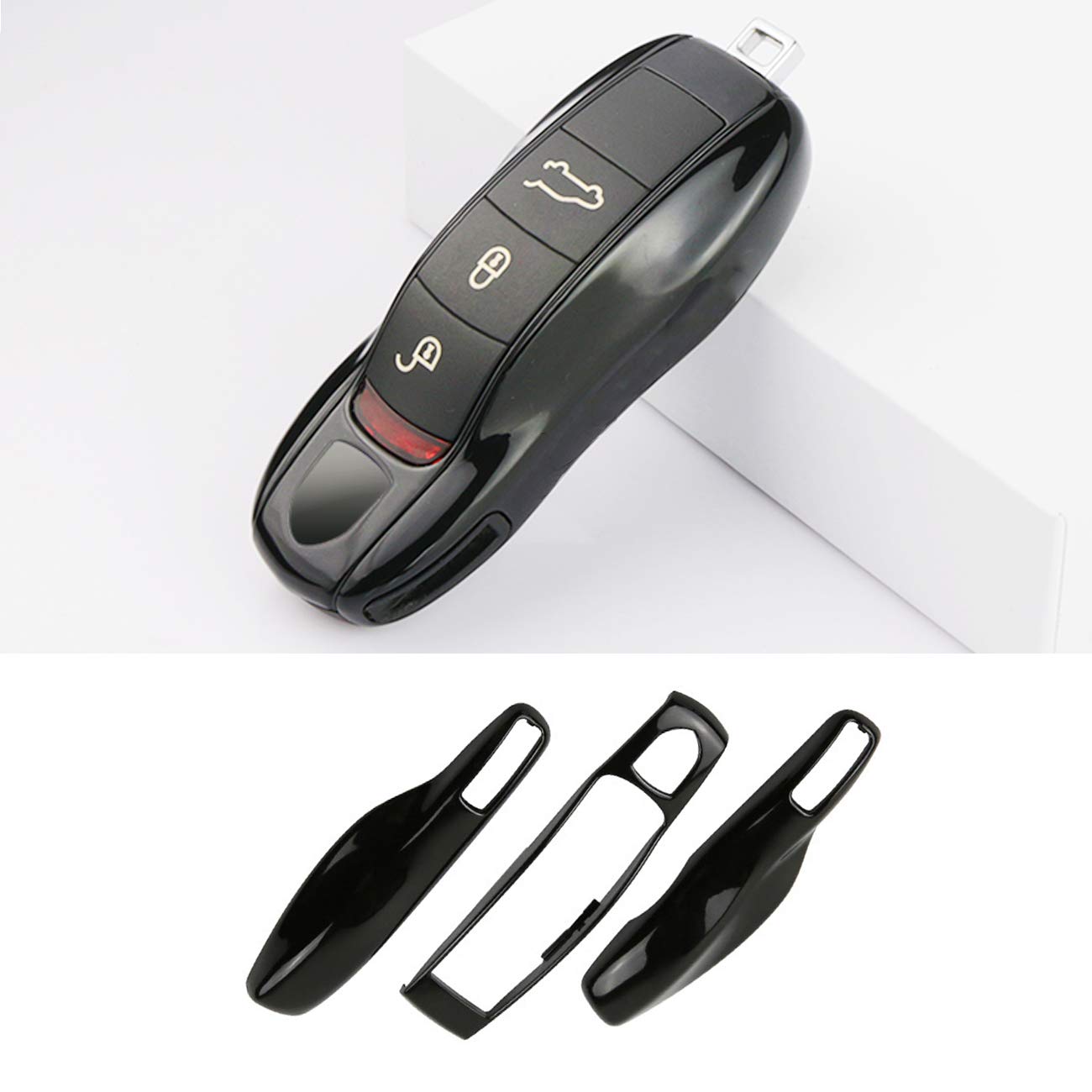 Jaronx 3Pcs Remote Key Covers For Boxster Turbo Cayenne Panamera Macan Cayman 911 ,Glossy Black Key Fob Shell Cover Painted Keyl