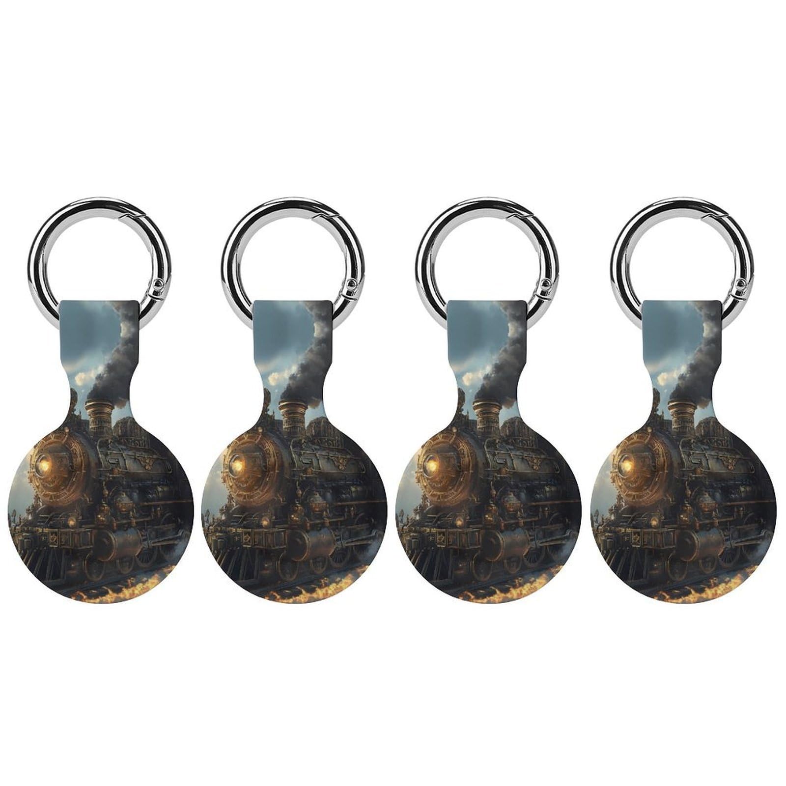 Steam Punk Train Silicone Case Compatible with Airtags Protective GPS Holder with Keychain for Wallet Luggage Pets