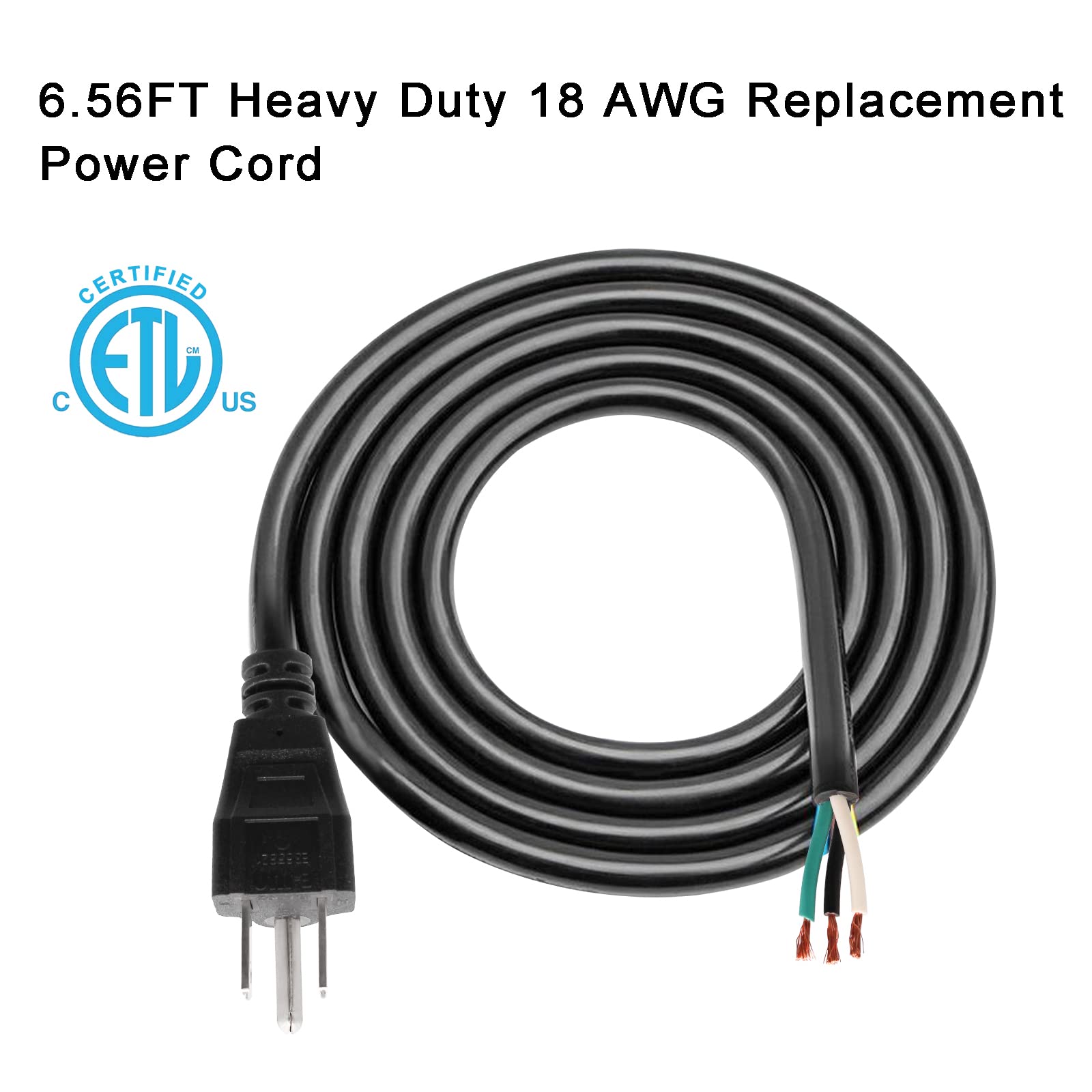 18 Gauge Replacement Power Cord,6.46Ft Cable 110V 115V 120V 125V 300V Pigtail For Appliance, Nema 5 15P Plug Us Sjt 18Awg (18/3)
