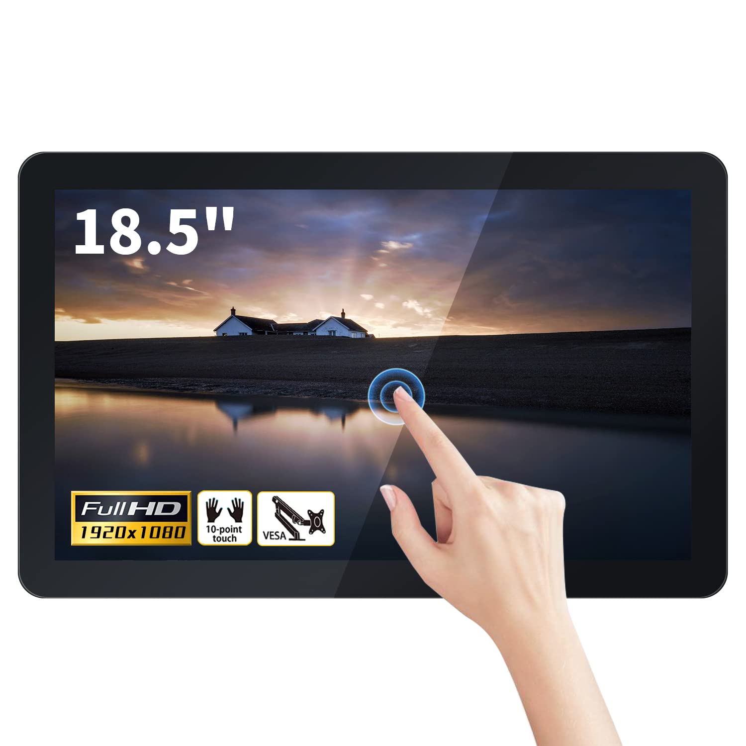 TouchWo 18.5 inch Capacitive Multi-Touch Screen Industrial Monitor, 16:9 Display 1920 x 1080P, Built-in Speakers, VGA, DVI & HD-