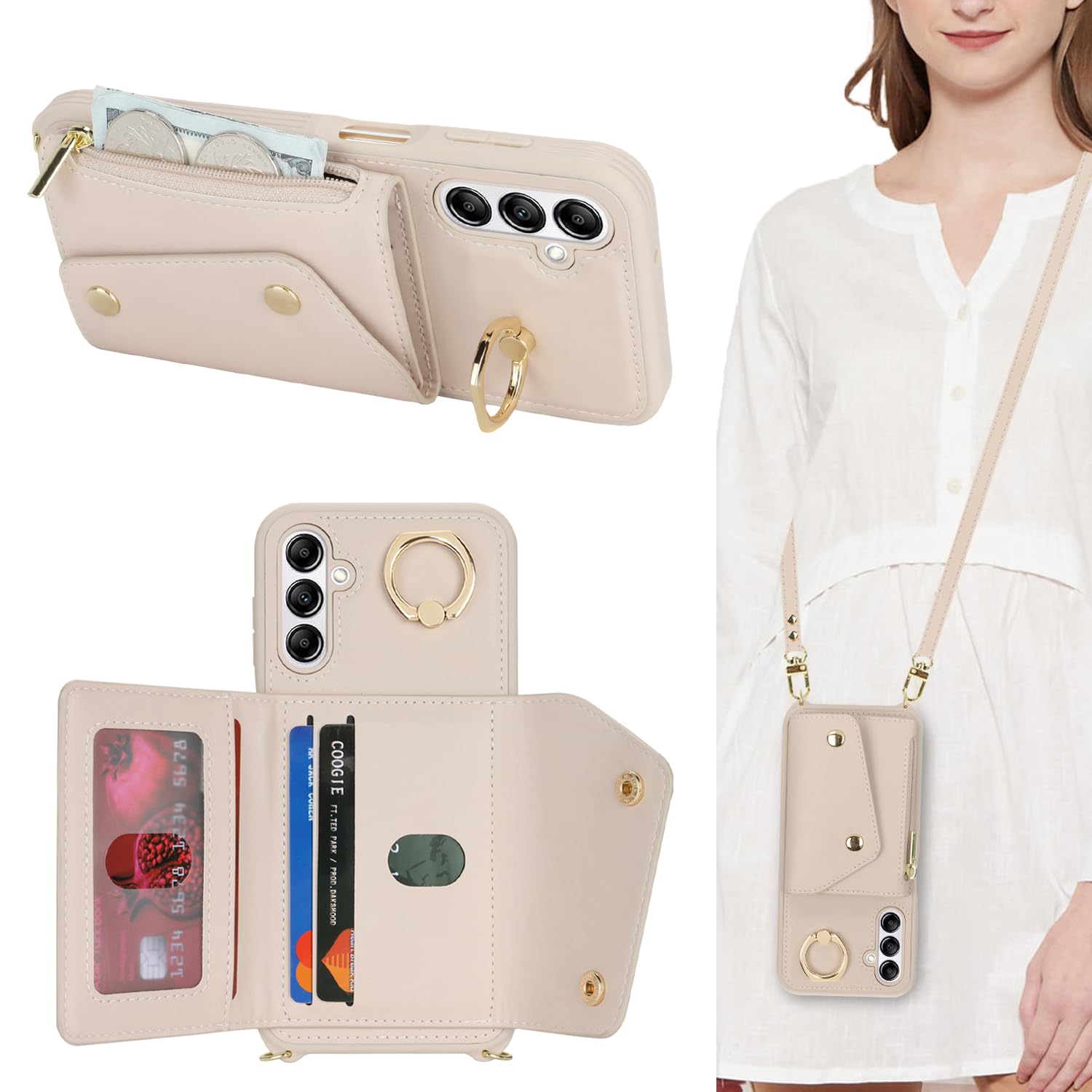 Lipvina for Samsung Galaxy A14 5G Case with Card Holder and Strap - Zipper Pocket,Crossbody Lanyard Strap,Credit Card Holder,Sta