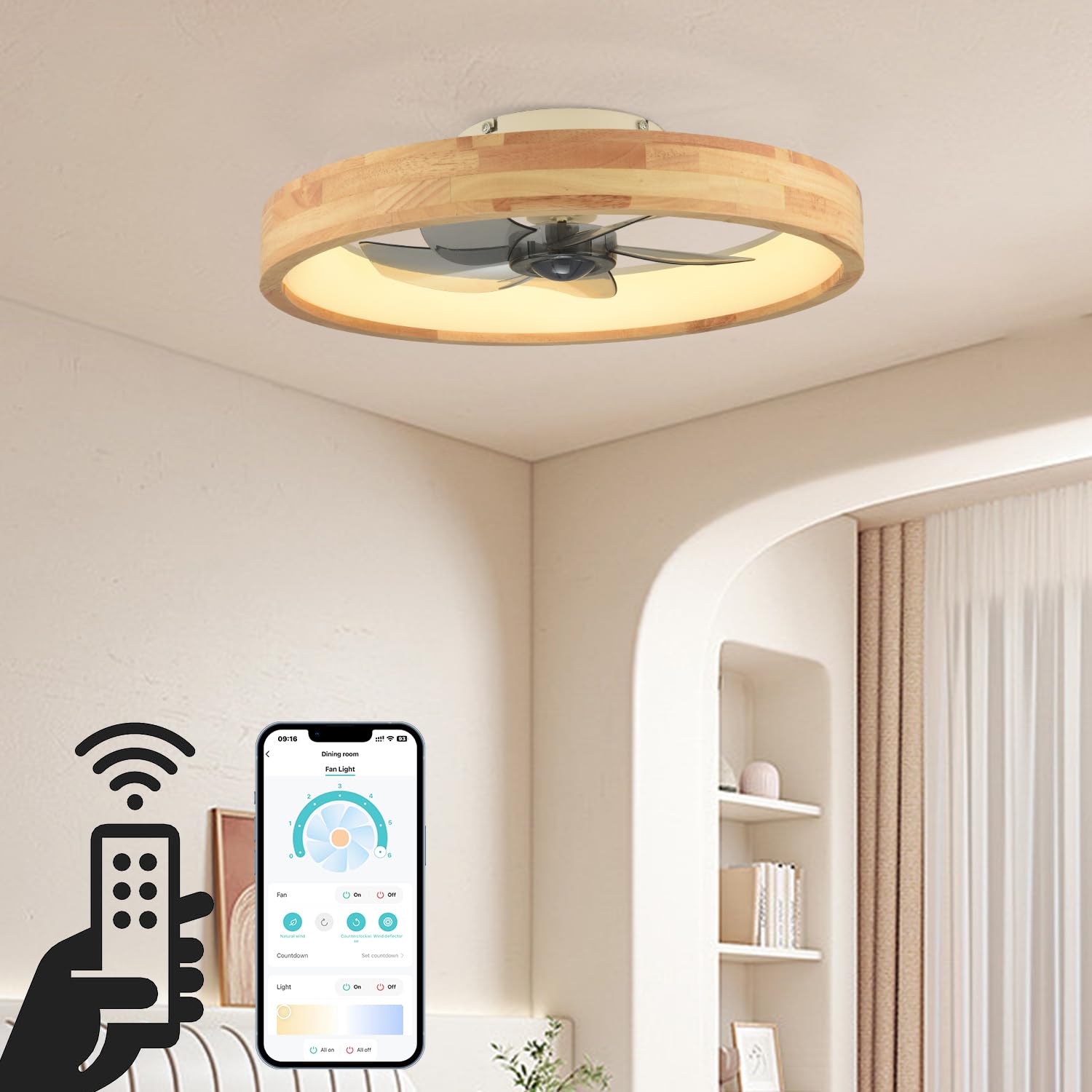 WenineStar 20    Ceiling Fan with Light, Dimmable LED Timing with Remote Control, 5 Invisible Reversible Blades Semi Flush Mount