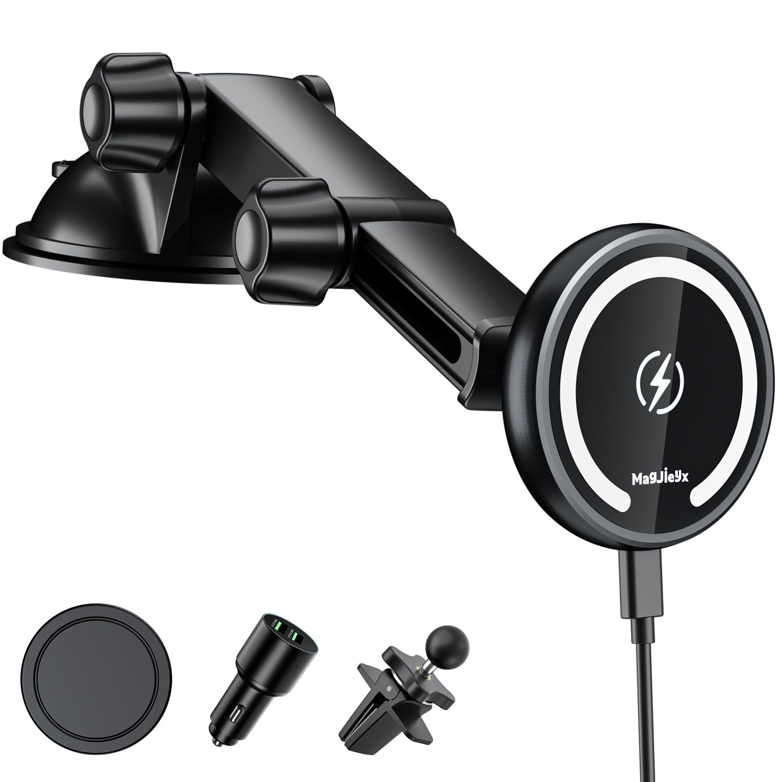 MAGJIEYX for Magnetic Magsafe Car Mount Charger, Wireless Car Charger with QC3.0 Adapter(38W Max) Phone Holder Fits iPhone17/16/
