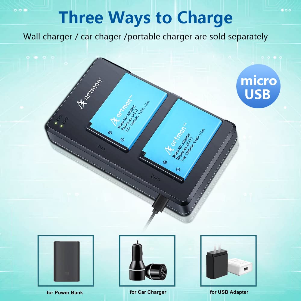 Artman 2 Pack Lp E17 Batteries And Rapid Dual Usb Charger For Canon Eos R50 Rp R10 R8,Rebel T8I, T7I, T6I, T6S, Sl2, Sl3, Eos M3