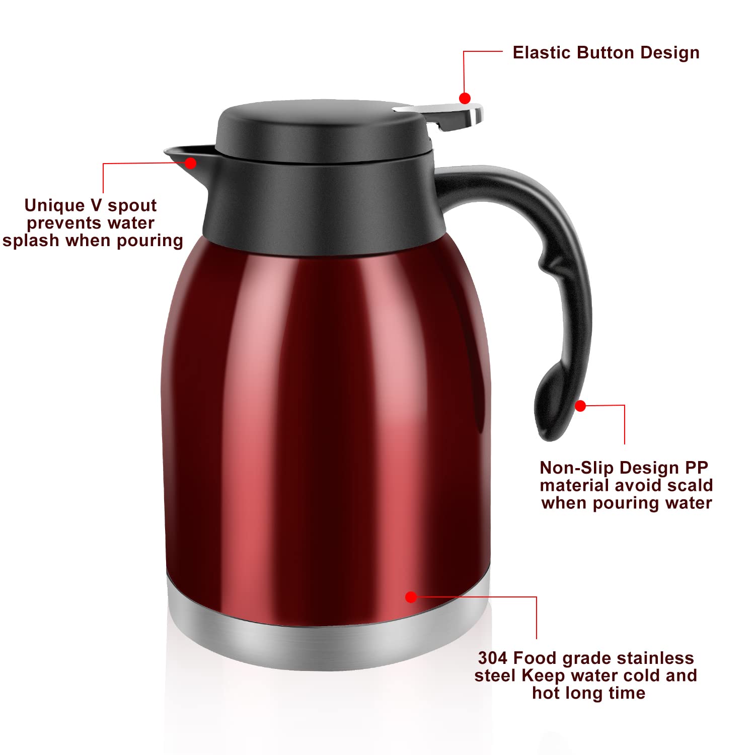 Stainless Steel Thermal Coffee Carafe Dispenser, Unbreakable Double Wall Vacuum Thermos Flask Large Capacity 54Oz 1.6L Water Tea