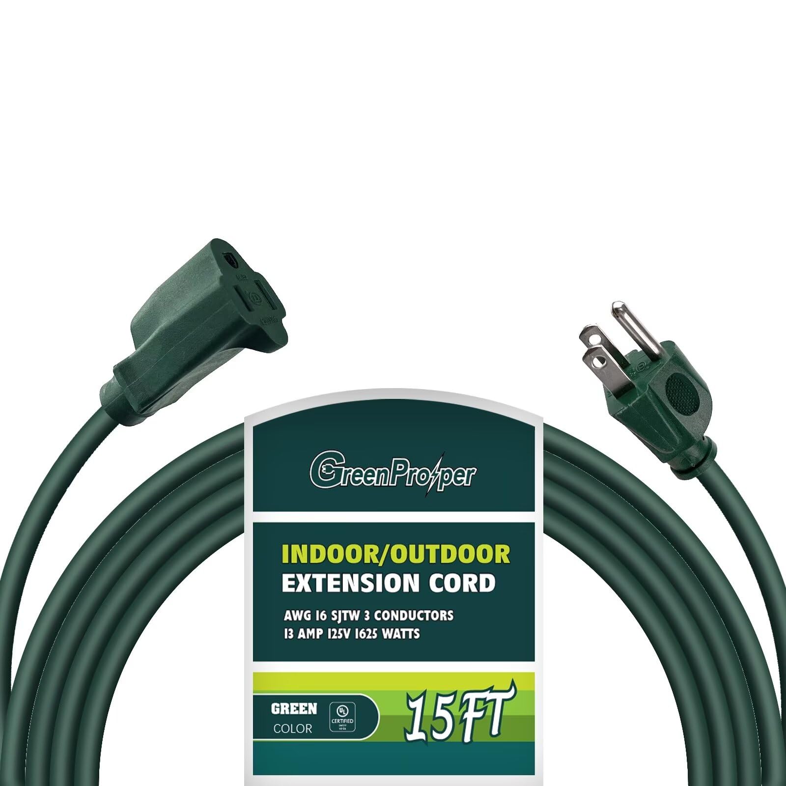 Greenprosper 15 Ft Indoor Outdoor Green Extension Cord, 16 Gauge Waterproof Electrical Power Cable, 16/3 Sjtw 3 Prong Grounded P