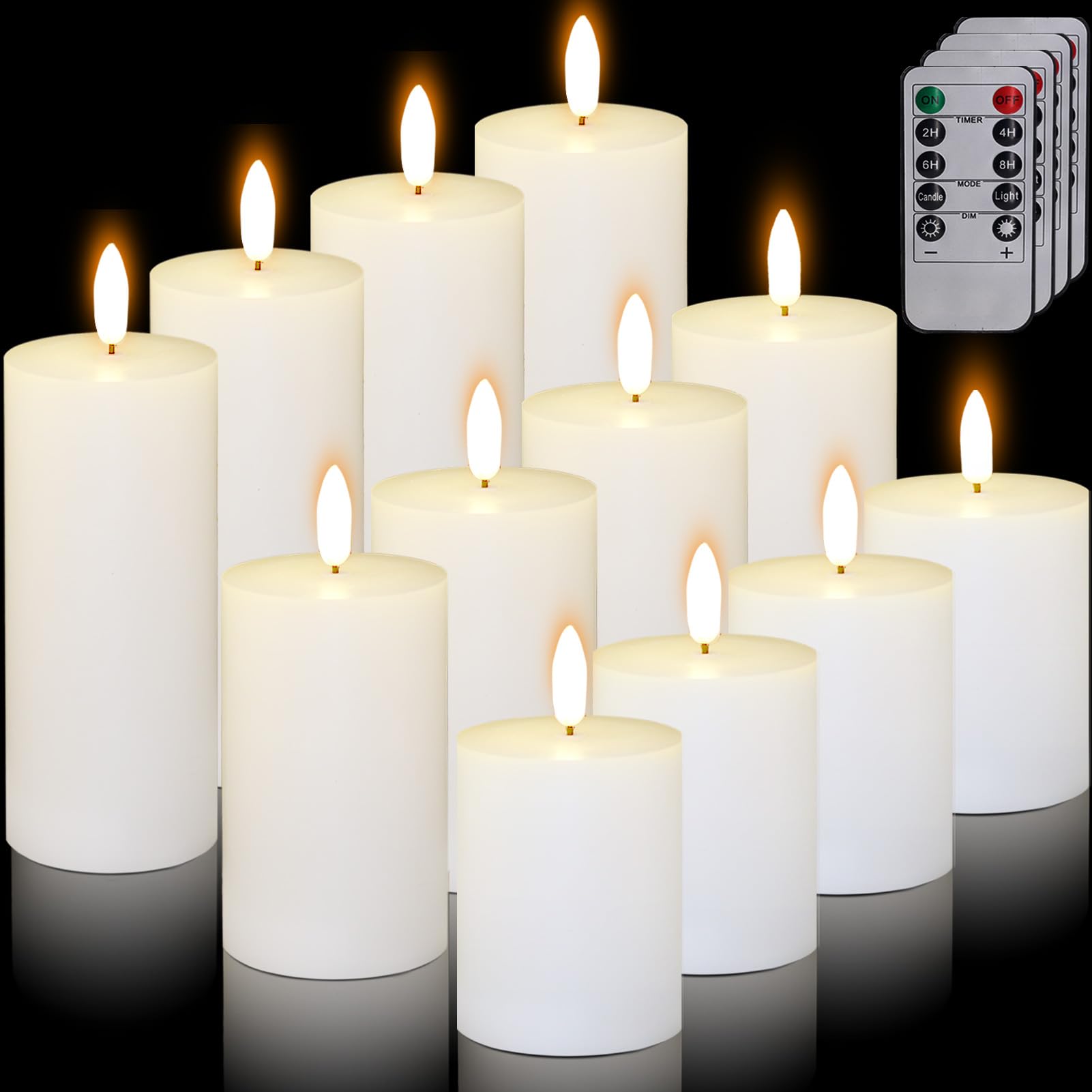 12 Pcs White Flameless Candles Flat Top LED Candles with Remote Timer, Pillar Flameless Candle Bulk Flickering Battery Operated 