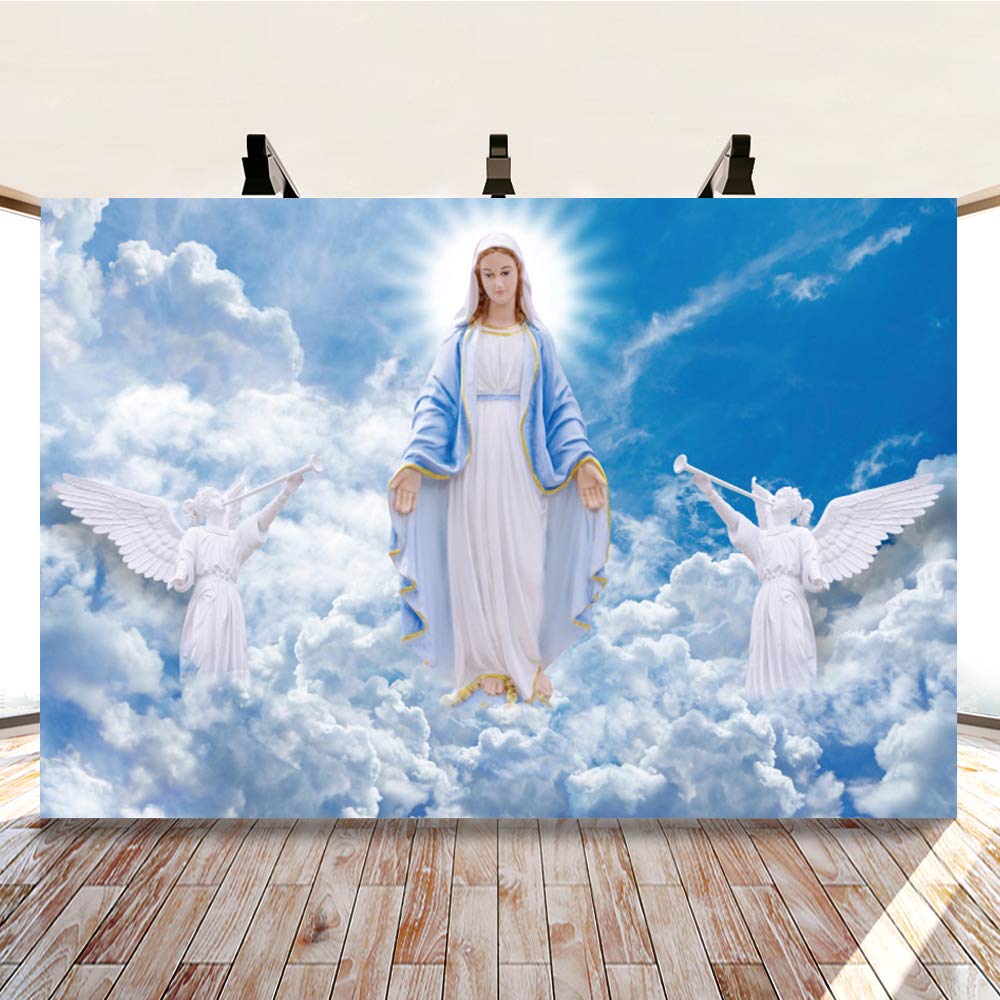 Dashan 6X4Ft Polyester God Bless Virgin Mary And Angel Backdrop Heaven First Communion Baptism Easter Christian Backdrop For Chu