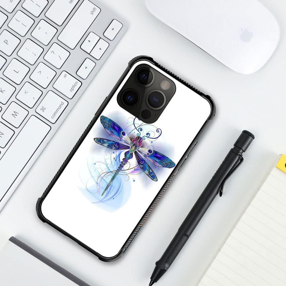 ZHEGAILIAN iPhone 14 Pro Shock Protective Case Tempered Glass Soft Silicone TPU Blue Dragonfly