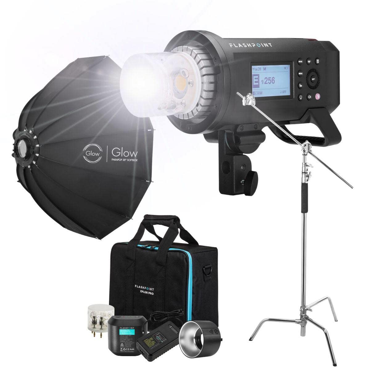 Flashpoint Xplor 600Pro R2 Ttl Battery Powered Monolight Kit With Glow Parapop And C Stand.