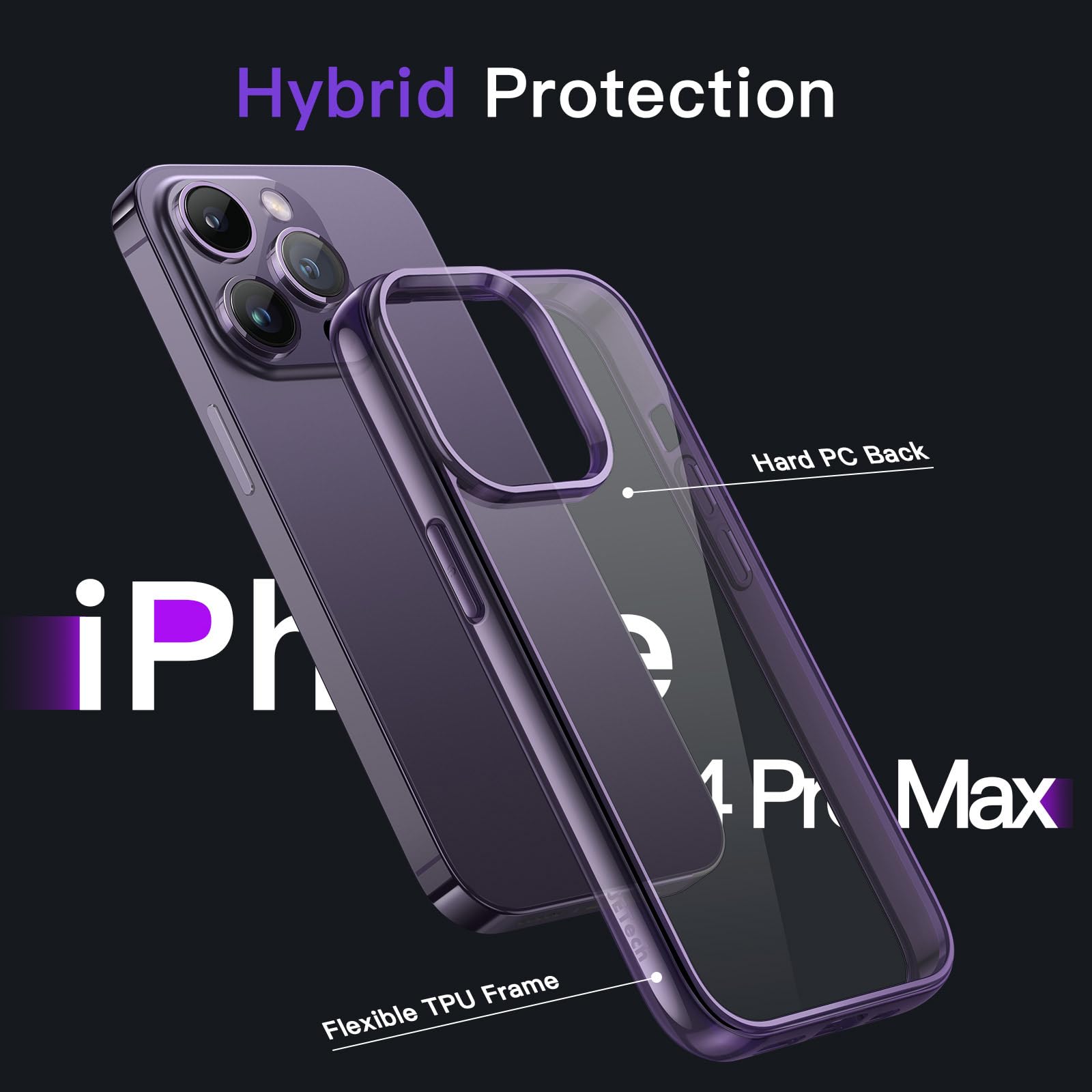 Jetech Case For Iphone 14 Pro Max 6.7 Inch, Non Yellowing Shockproof Phone Bumper Cover, Anti Scratch Clear Back (Deep Purple)