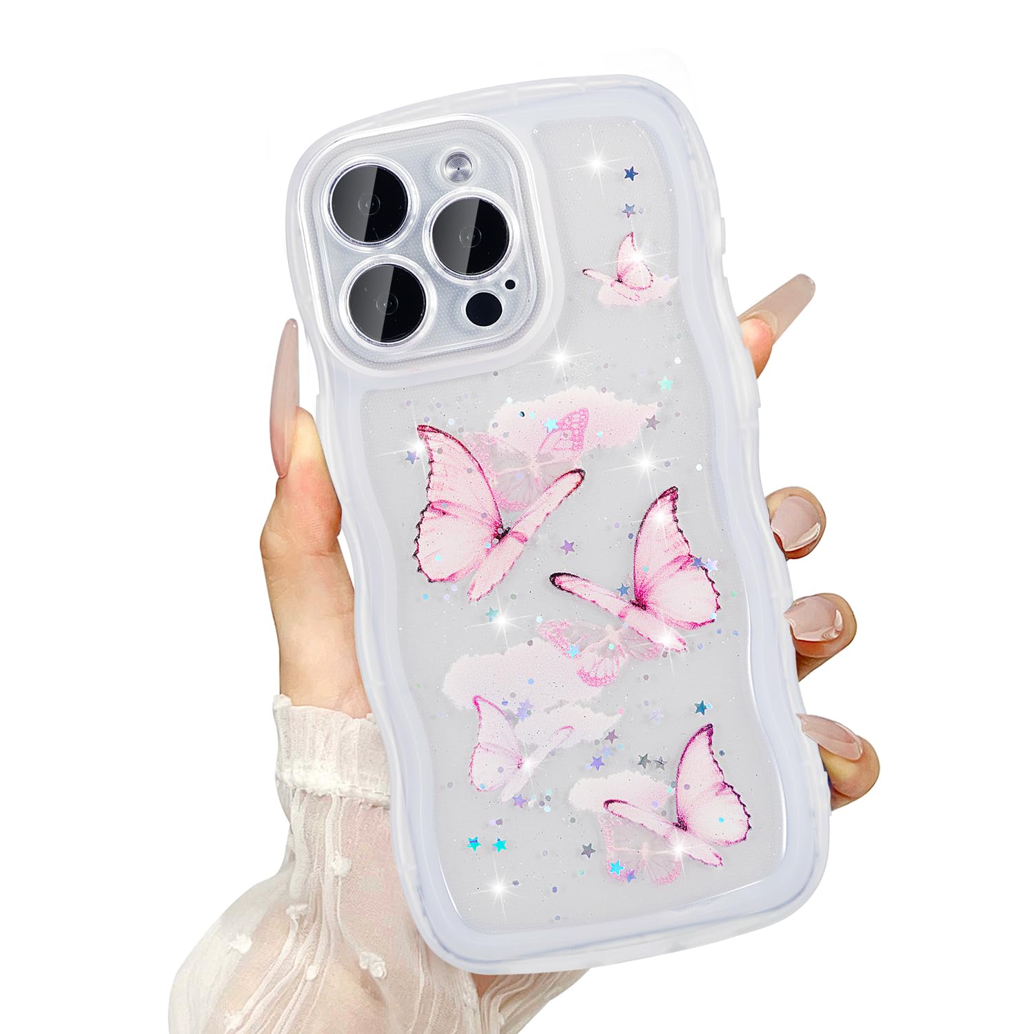 UEEBAI Wave Butterfly Case for iPhone 12 Pro Max Case, Pretty Bling Star Butterfly for Women Cute Shiny Glitter Phone Cover for 