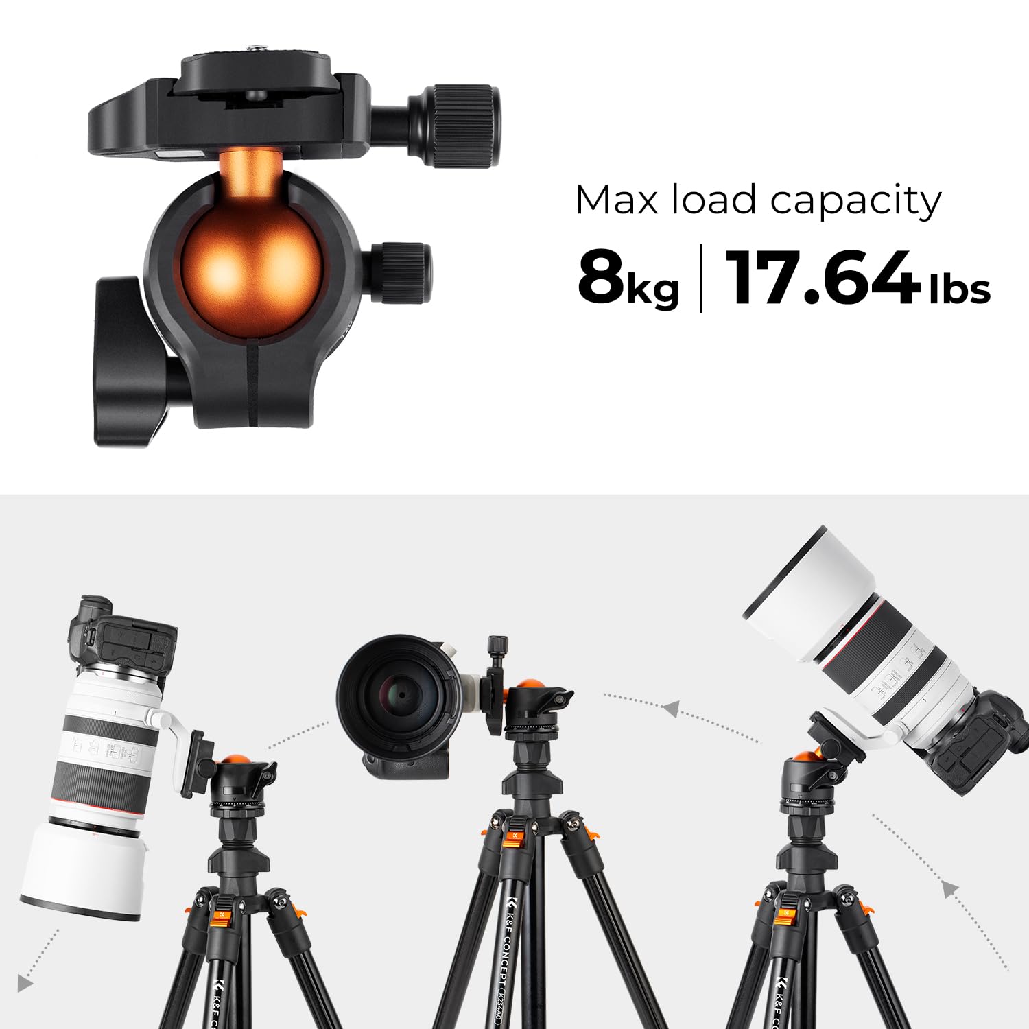 K&F Concept 64 Inch/163Cm Camera Tripod,Lightweight Travel Outdoor Dslr Tripods With 360 Degree Ball Head Load Capacity 8Kg/17.6Lbs,Cellphone Clip For Smartphone Live Streaming Vlog K234A0+Bh 28L