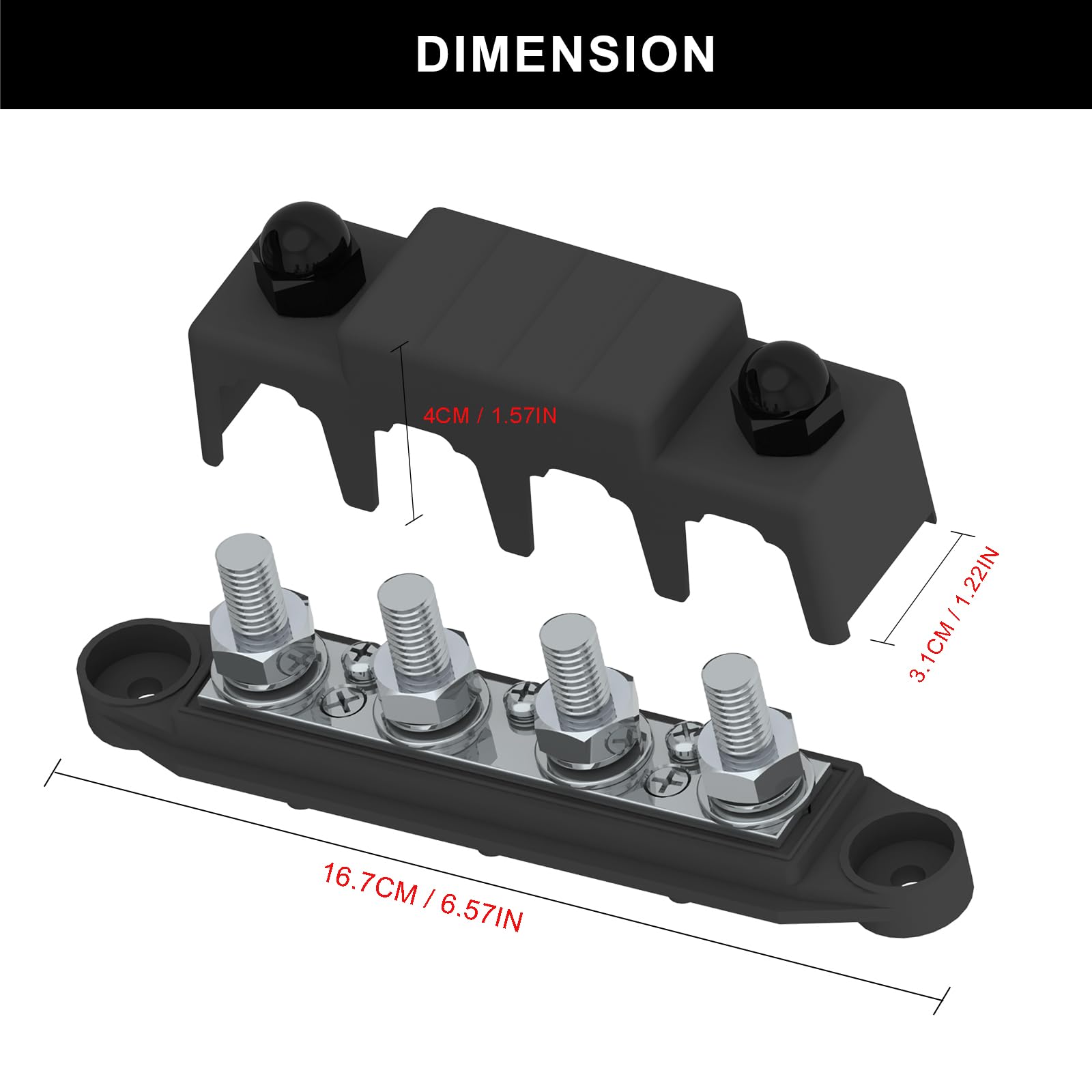 Bus Bar 250A 12V Power Distribution Block With 3/8'' (M10) 4 Posts Terminals Block With Cover For Automotive, Marine, Battery Sy