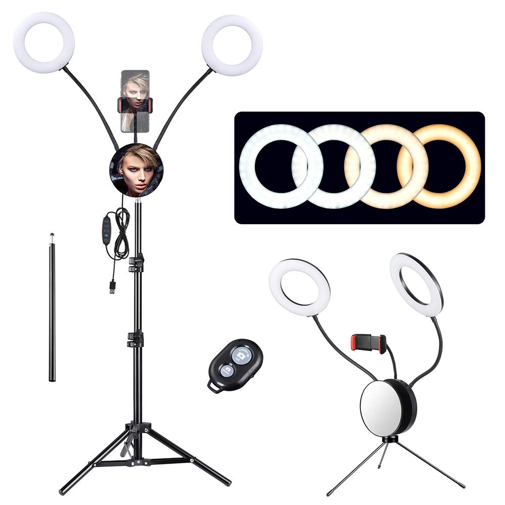 Aw 7'' Dual Led Ring Light Dimmable With Tripod Stand Mirror Phone Holder 3200 6500K 6 Brightness Level & 3 Light Modes For Tikt