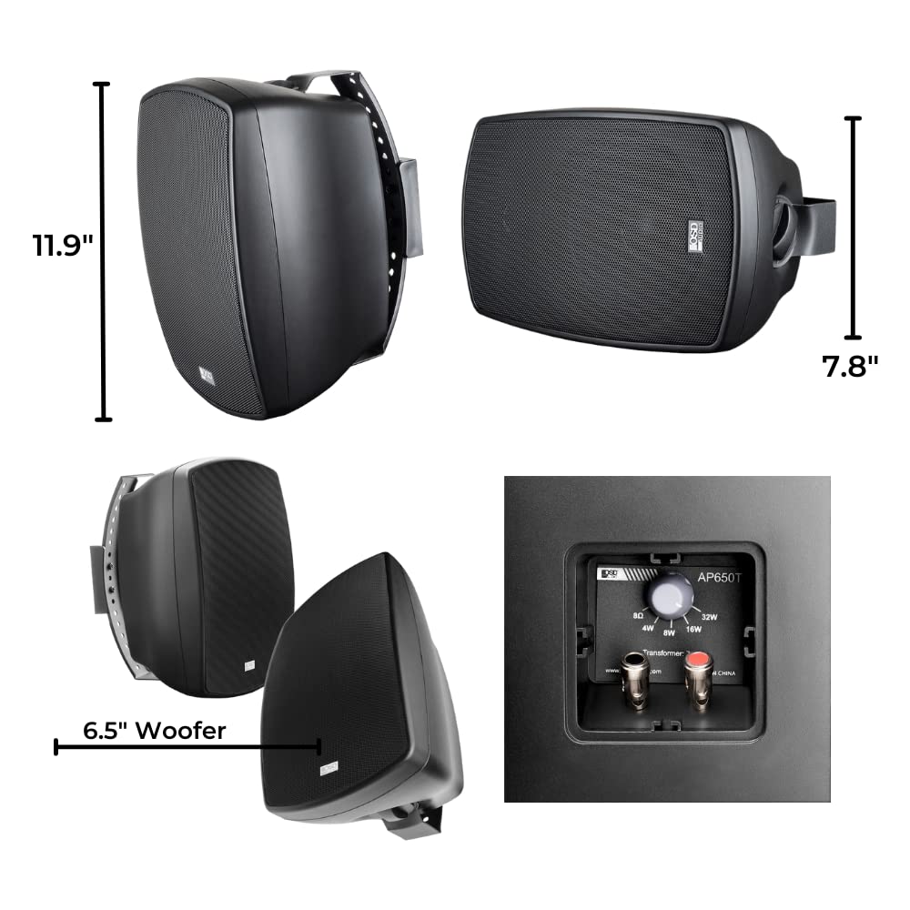 OSD 6.5' Outdoor 70V Patio Speaker Pair, 32W 16W 8W 4W Taps, Full Motion Bracket, Weather Proof IP54 Rated, Black   AP650