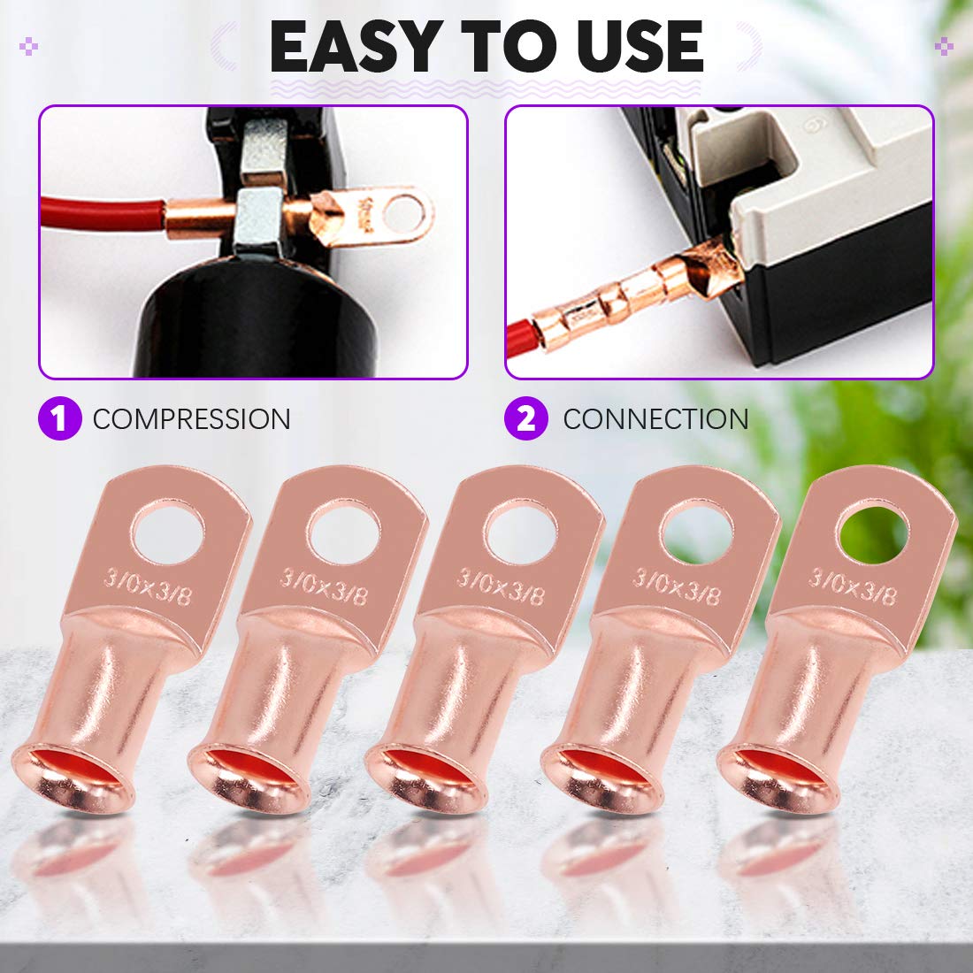 Swpeet 6Pcs 3/0 Awg   3/8'' (M10) Ring Terminals Ul Listed Copper Battery Cable Lugs Wire Lugs, Battery Cable Ends Bare Copper E