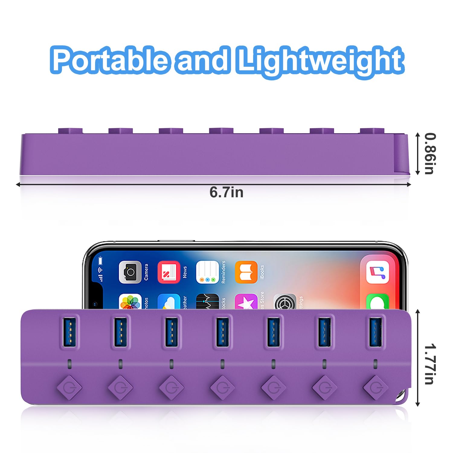 Onfinio Usb Hub 3.0, 7 Port Usb Hub Splitter With Individual On/Off Switches And Lights, 3.2Ft/1M Long Cable Compatible With Macbook, Laptop, Surface Pro, Ps4, Pc, Flash Drive, Mobile Hdd Purple