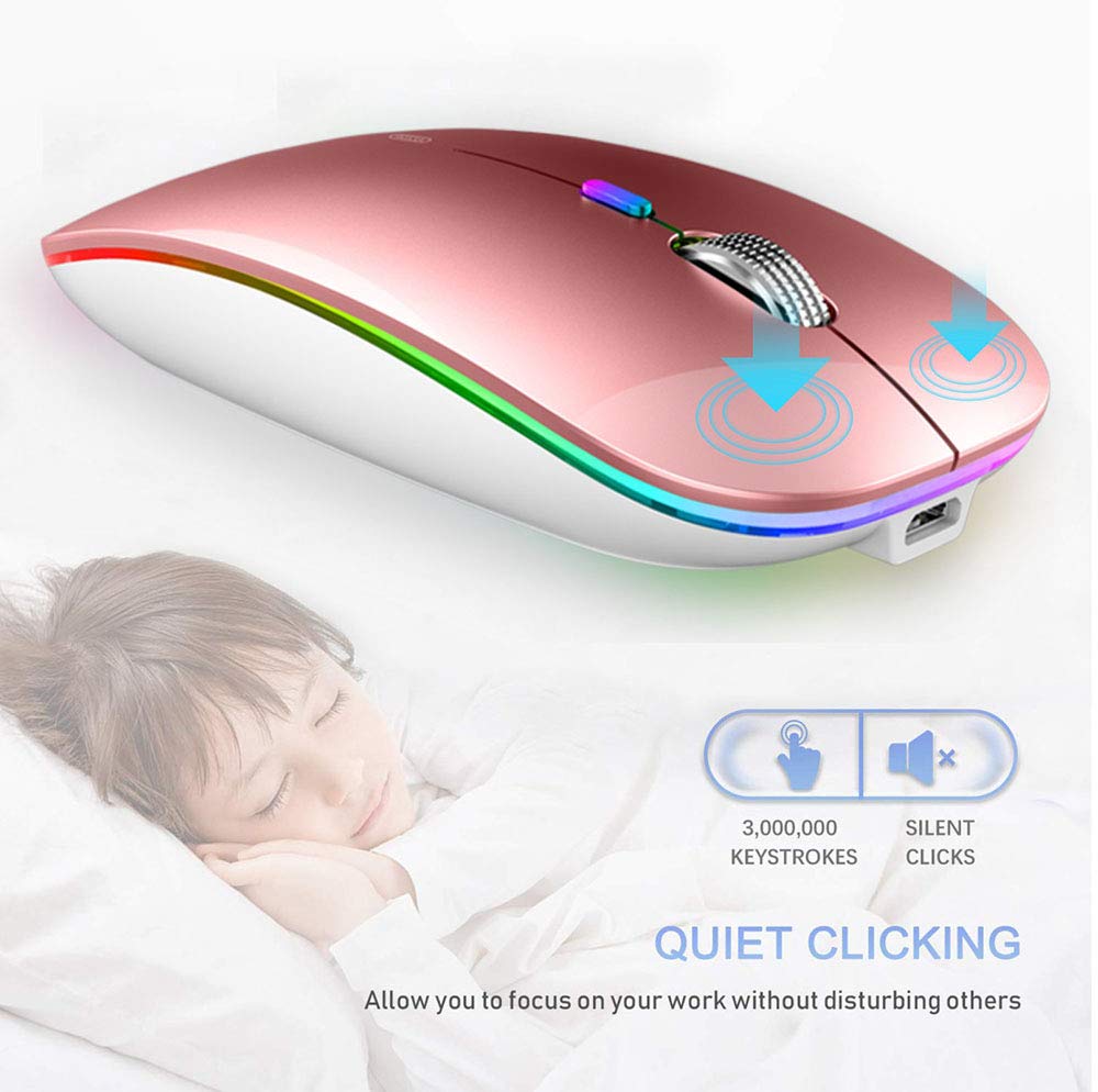 Tenmos Wireless Bluetooth Mouse, Led Slim (Bluetooth 5.1 + Usb) 2.4Ghz Rechargeable Silent Bluetooth Wireless Mouse With Type C Adapter For Laptop/Macbook/Ipad Os 13 And Above (Rose Gold)