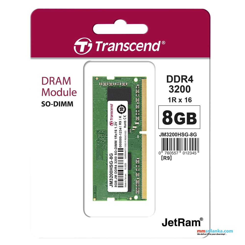 Transcend DDR4 DRAM Module (JetRam) SO DIMM 3200 Mbps 1Gx16 8GB (JM3200HSG 8G)
