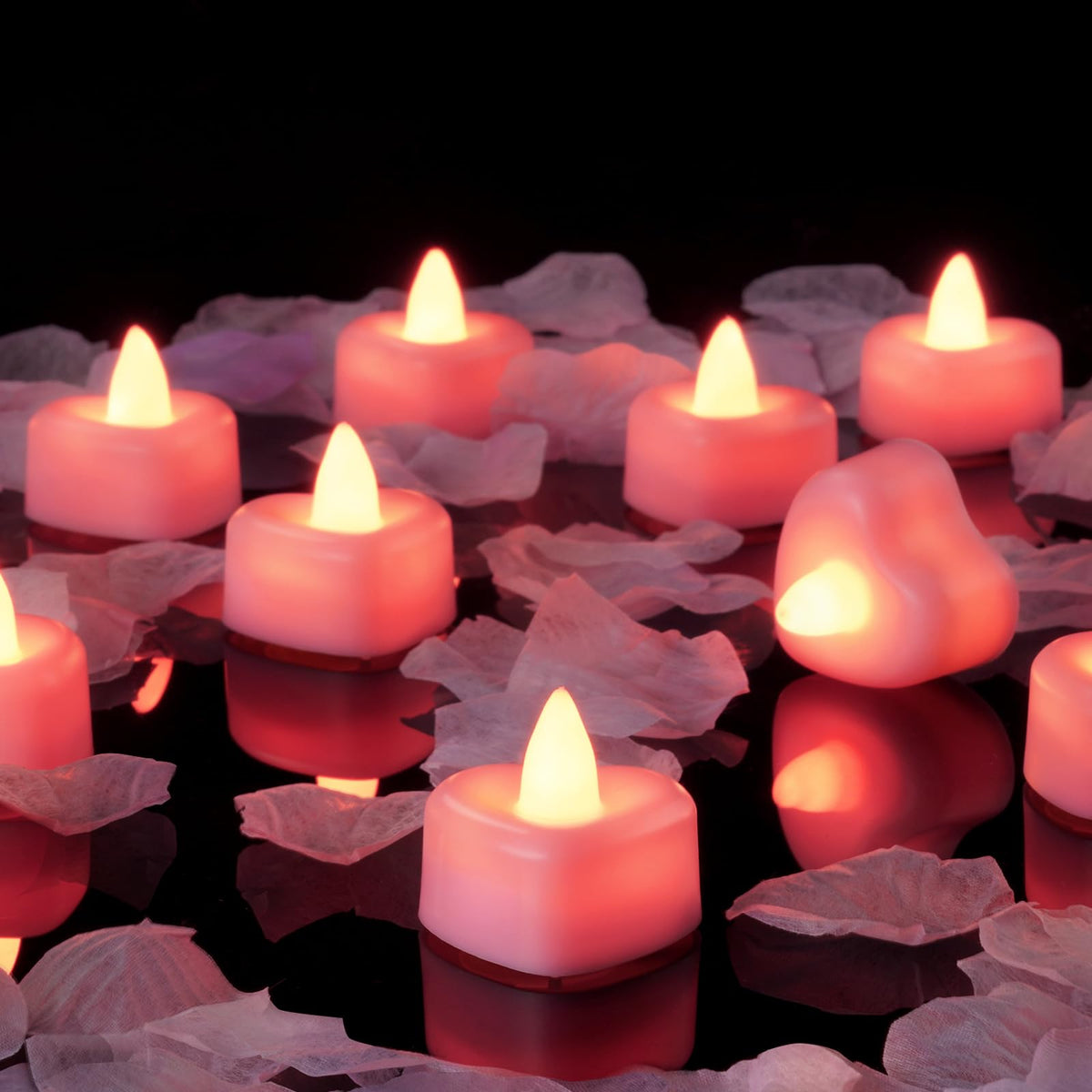 Amagic 1000 Pieces Pink Artificial Rose Petals With 12 Pink Heart Led Tea Lights, Rose Petals And Candles Set For Proposal, Anni