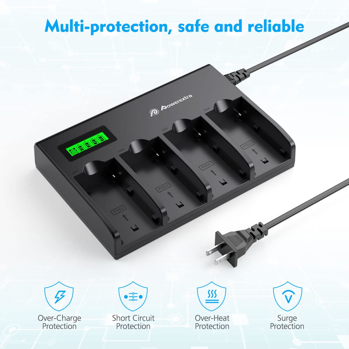 Powerextra 4 Channel Battery Charger With Lcd Display For Sony Np F970, Np F960, Np F950, Np F930, Np F770, Np F750, Np F570, Np